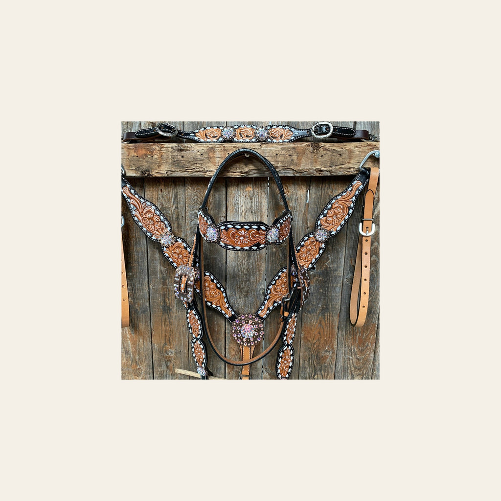 Classic AB Browband/One Ear Tack Set with Wither Strap #BBBC457 on a warm cream background