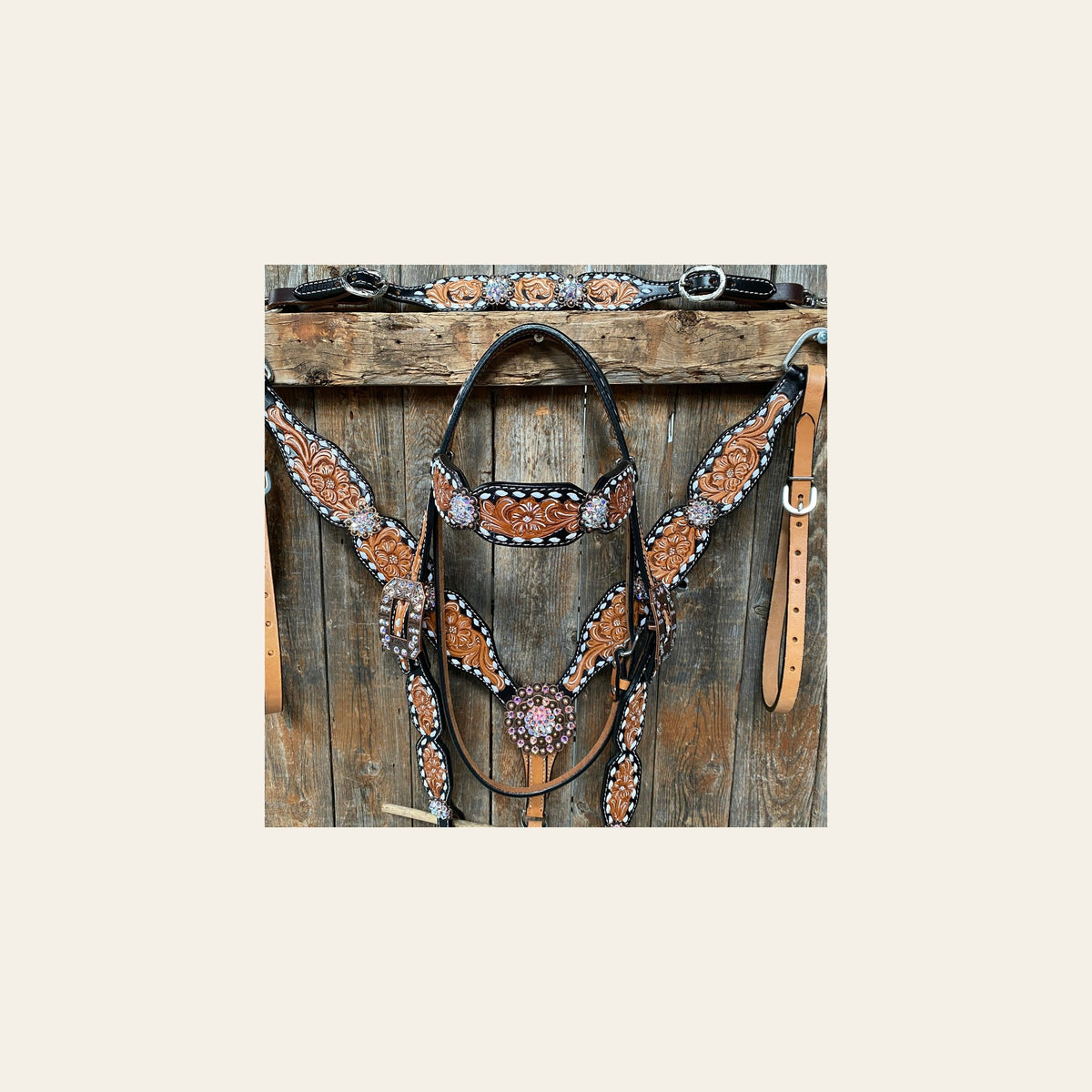 Classic AB Browband/One Ear Tack Set with Wither Strap #BBBC457 on a warm cream background