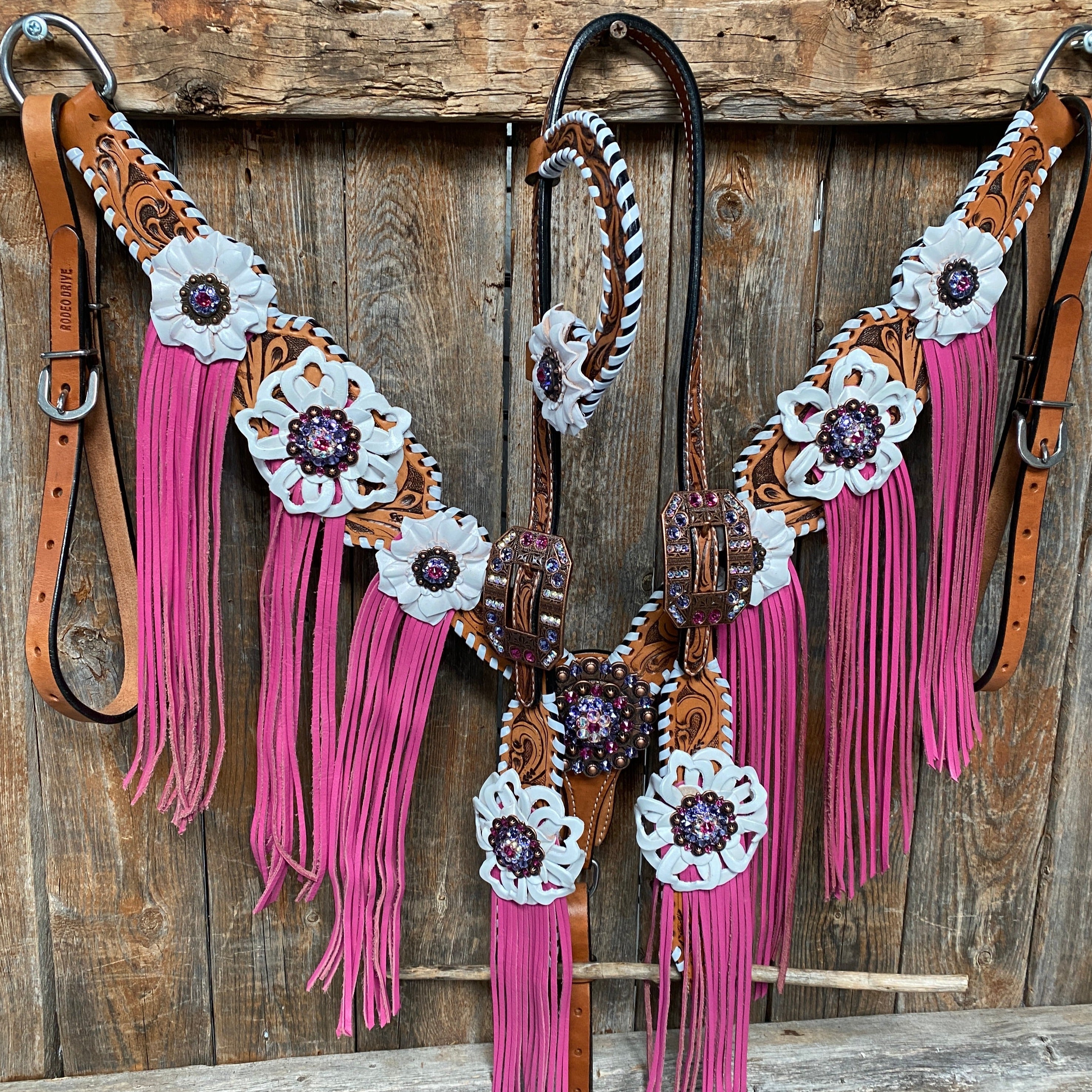 White Whipstitch Pink and White Browband/One Ear & Breastcollar Tack Set #BBBC426 — view 2
