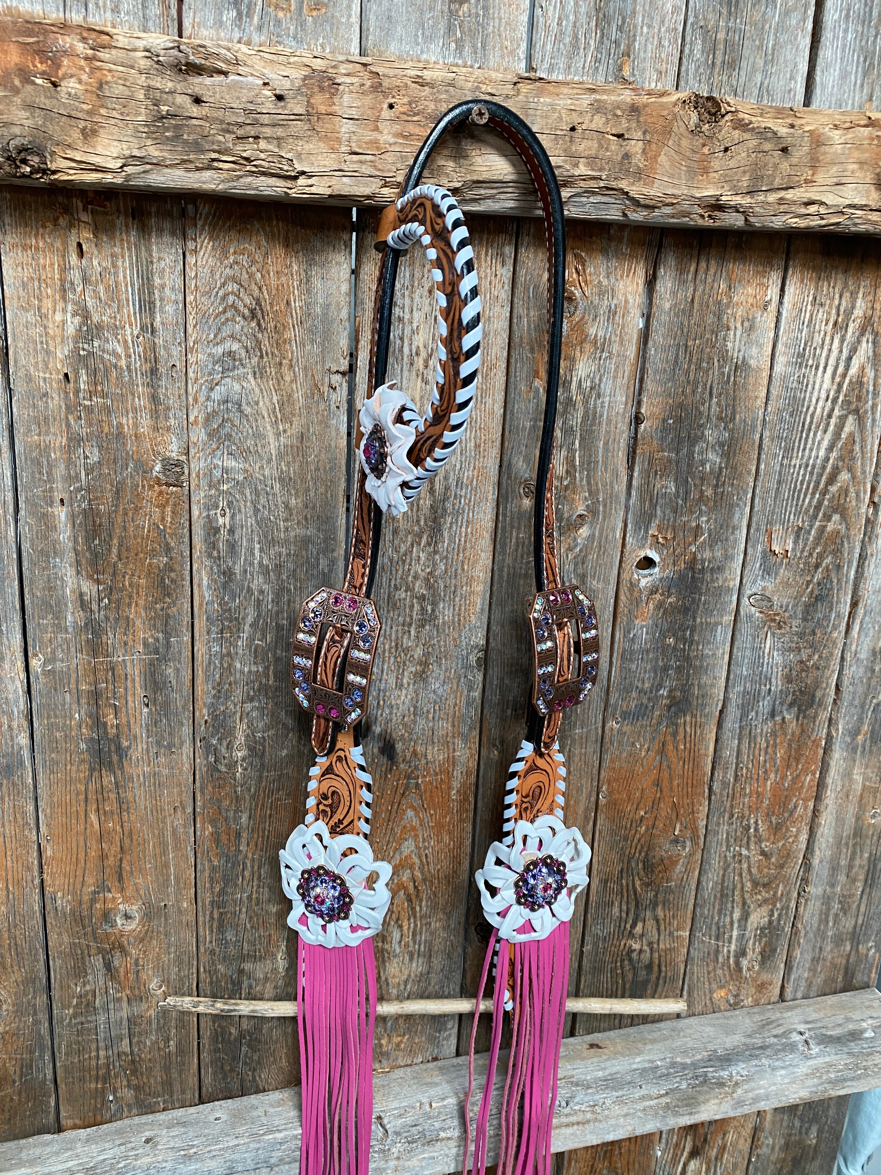 White Whipstitch Pink and White Browband/One Ear & Breastcollar Tack Set #BBBC426 — view 9