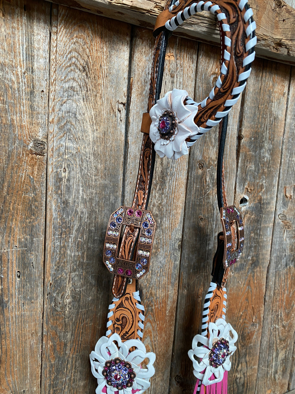 White Whipstitch Pink and White Browband/One Ear & Breastcollar Tack Set #BBBC426 — view 11
