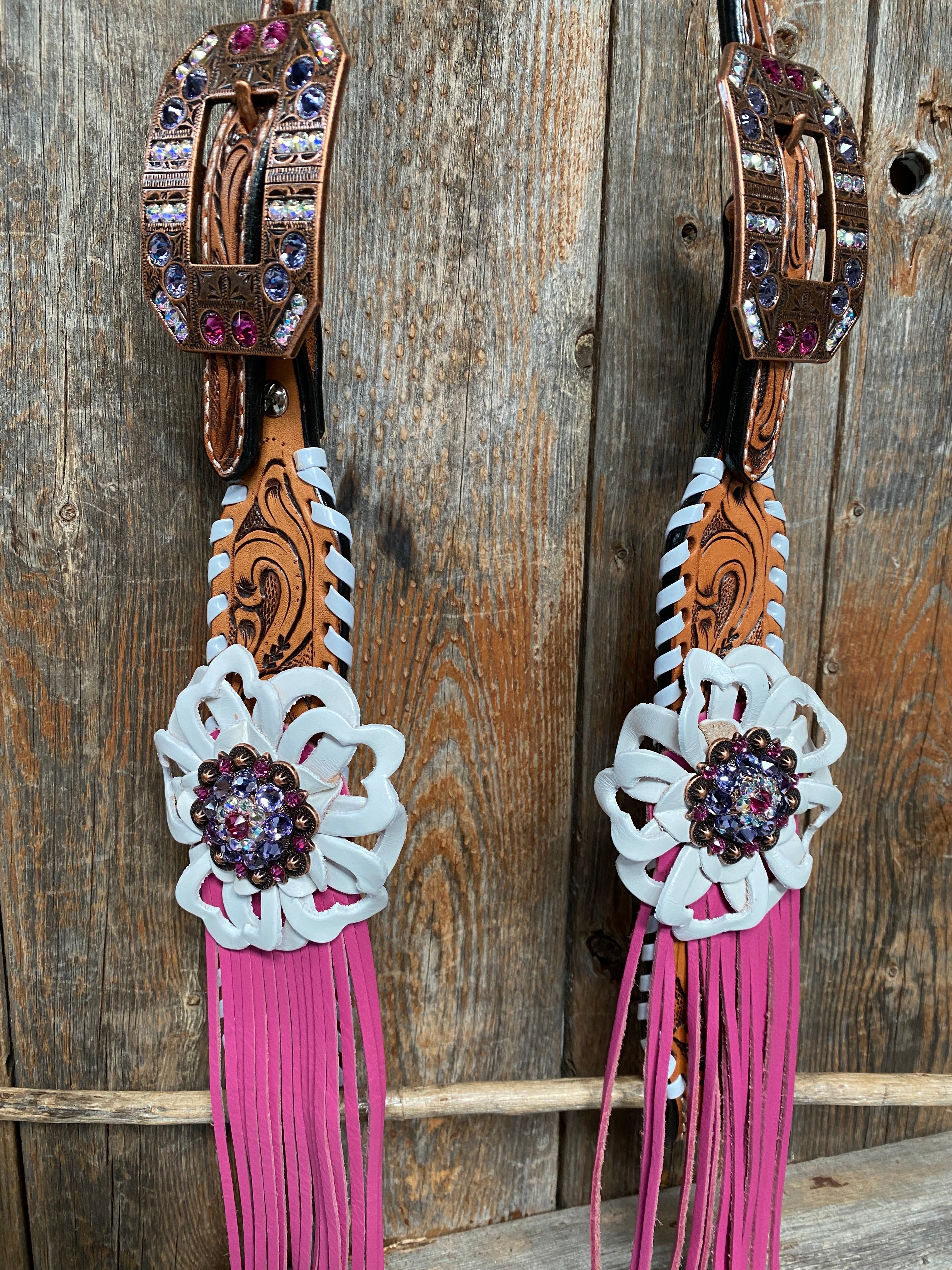 White Whipstitch Pink and White Browband/One Ear & Breastcollar Tack Set #BBBC426 — view 10