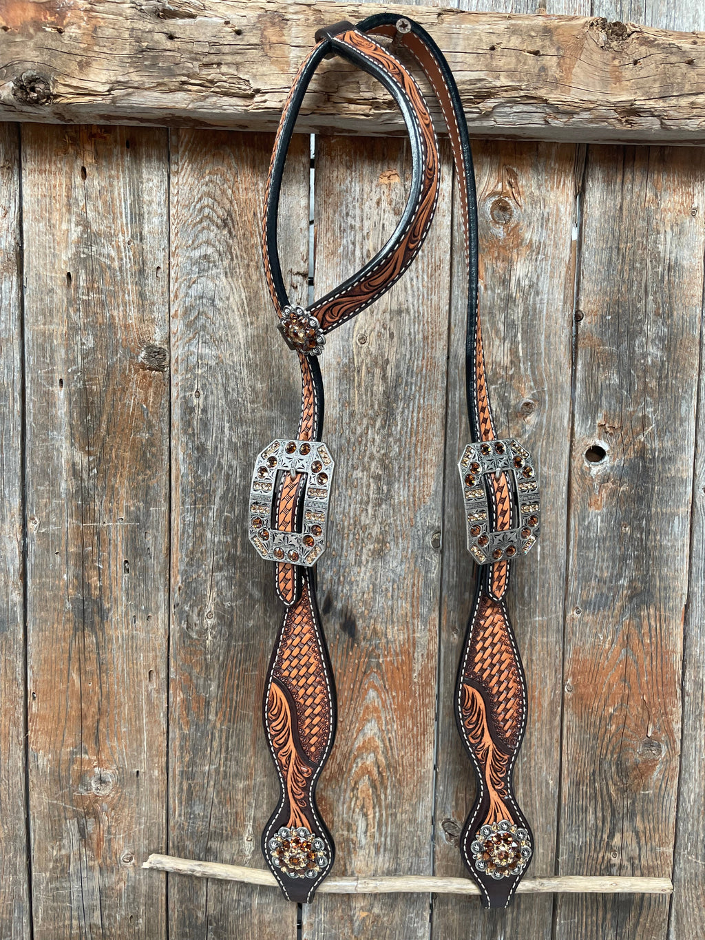 Brown Leaf Scalloped Champagne an Topaz One Ear Headstall #OE105