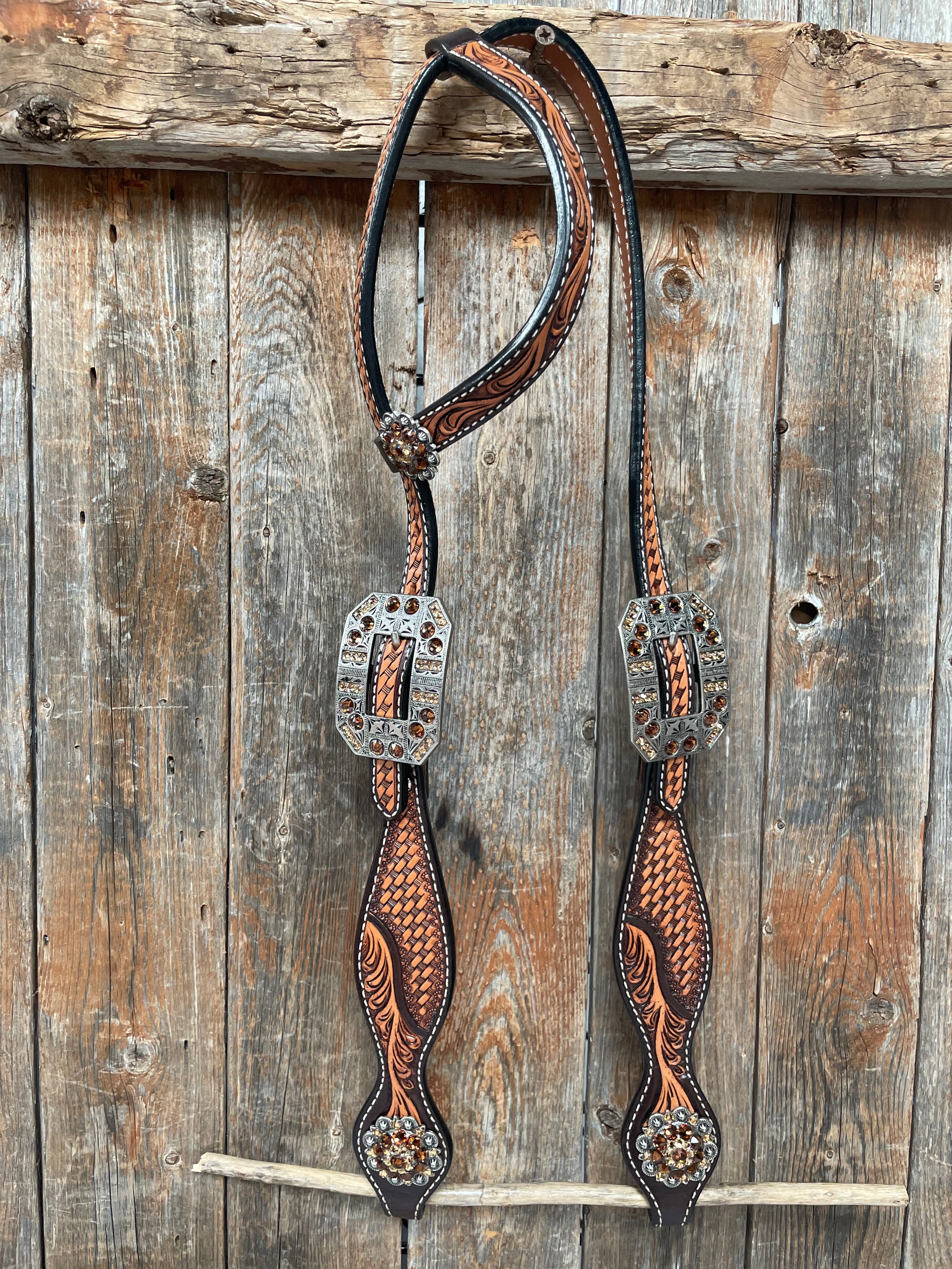 Brown Leaf Scalloped Champagne an Topaz One Ear Headstall #OE105