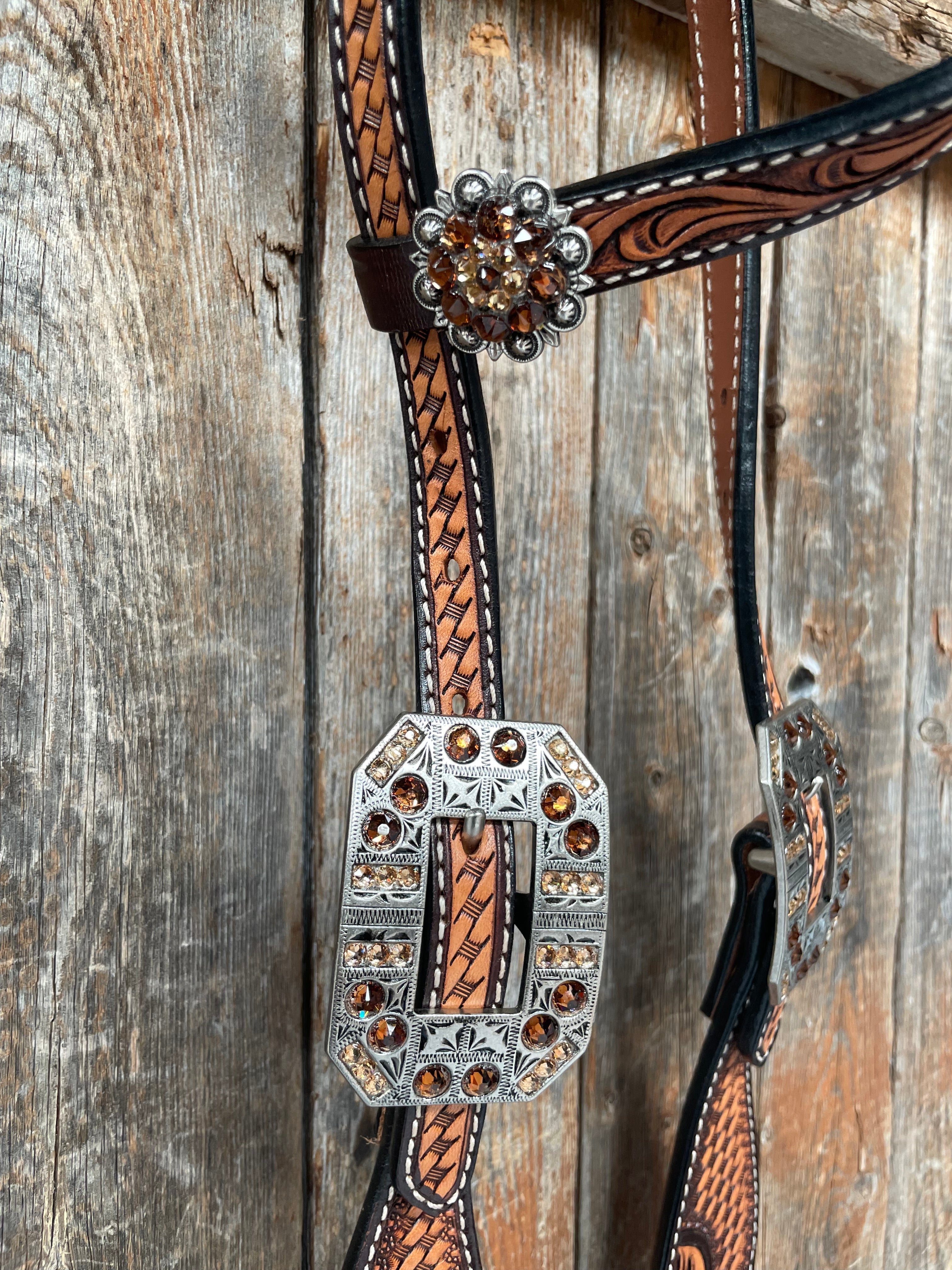 Brown Leaf Scalloped Champagne an Topaz One Ear Headstall #OE105 — view 2
