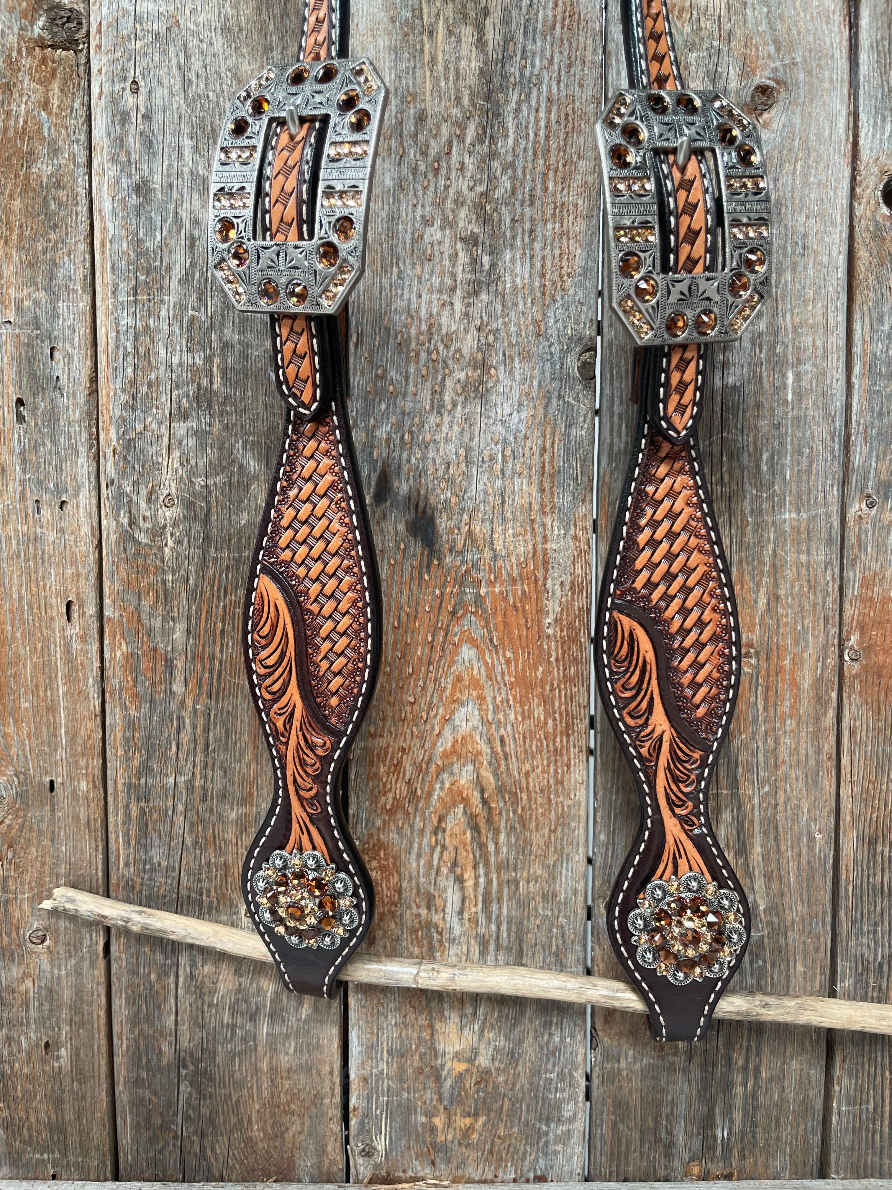 Brown Leaf Scalloped Champagne an Topaz One Ear Headstall #OE105 — view 3