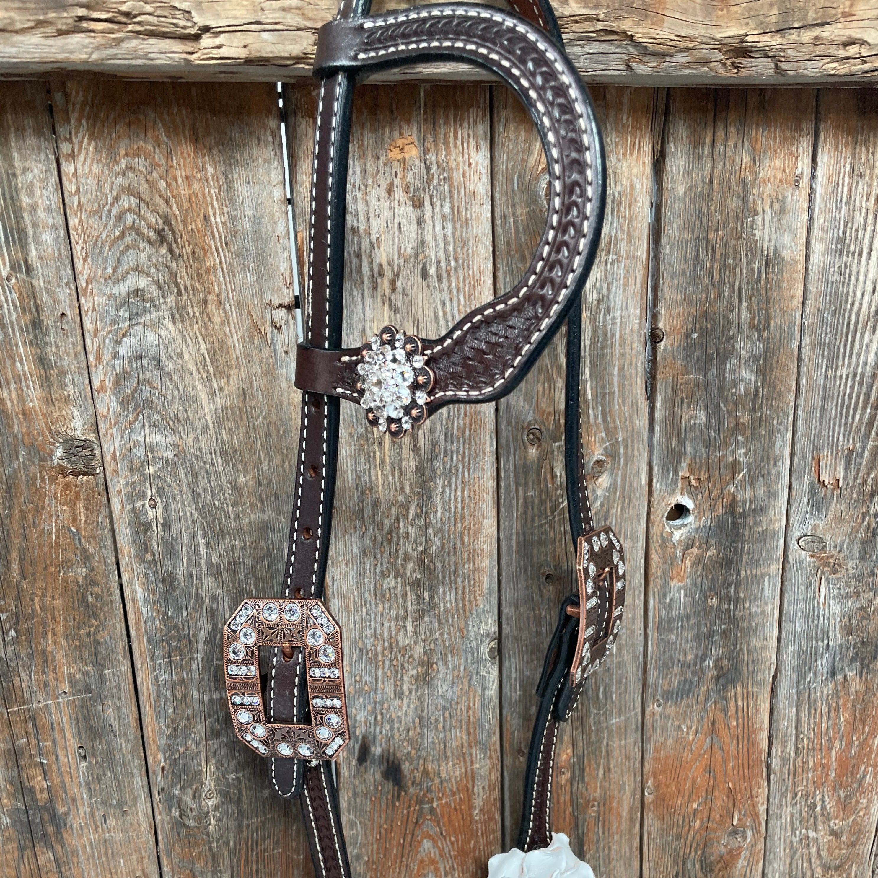Dark Oil Basketweave White Browband/One Ear Tack Set with Witherstrap #BBBC453 — view 8
