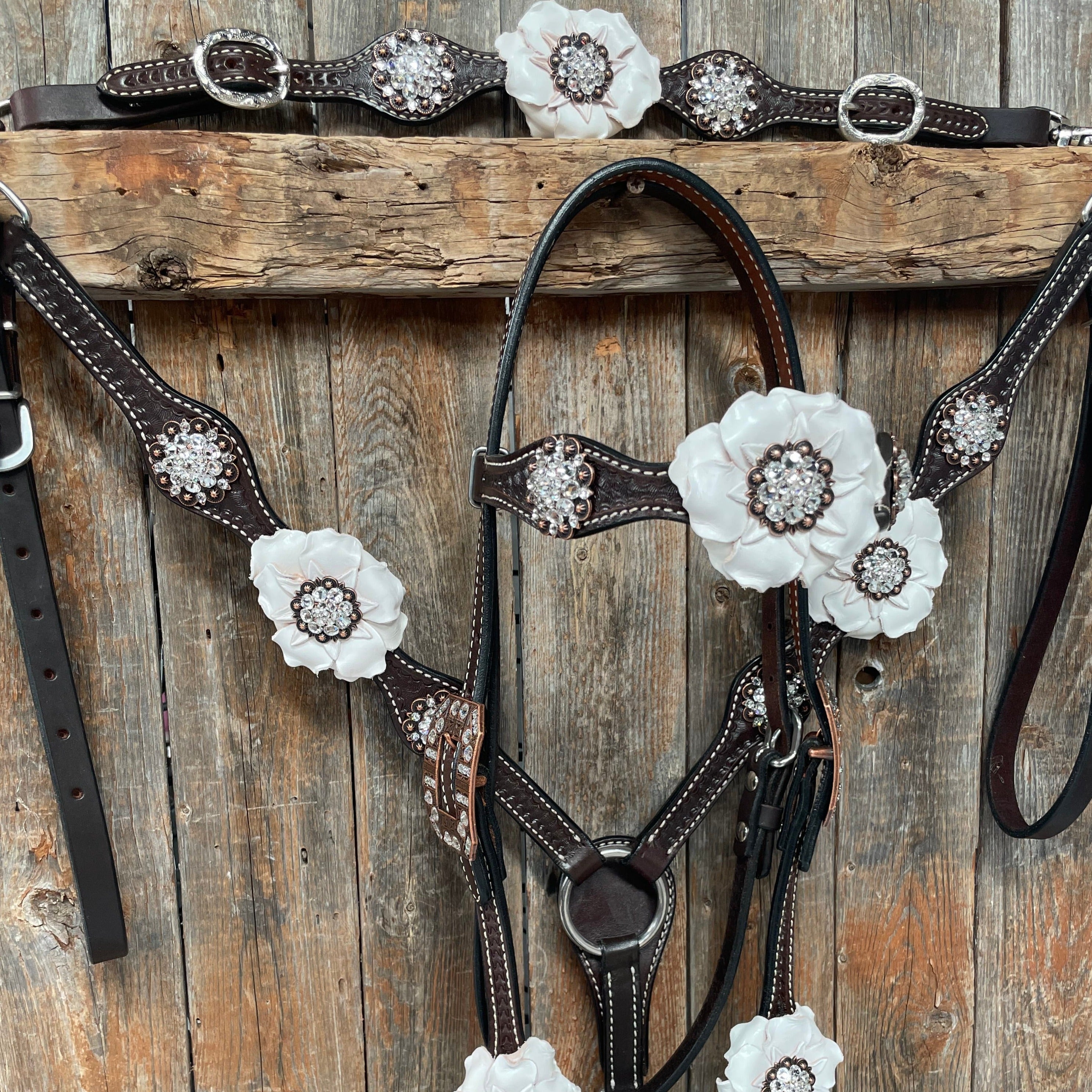 Dark Oil Basketweave White Browband/One Ear Tack Set with Witherstrap #BBBC453