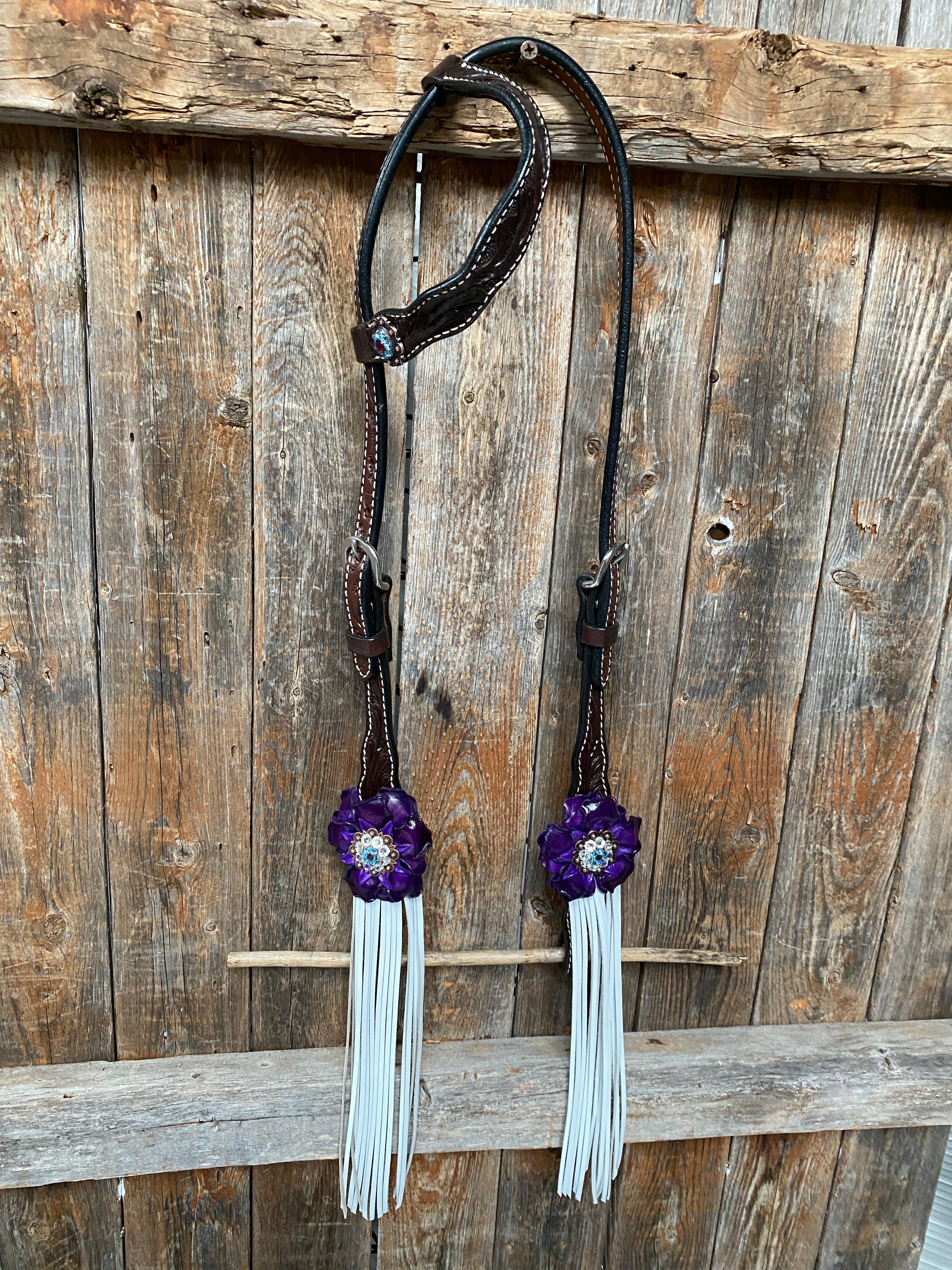 Dark Oil Floral Purple and White Browband / One Ear Tack Set #BBBC456 — view 8