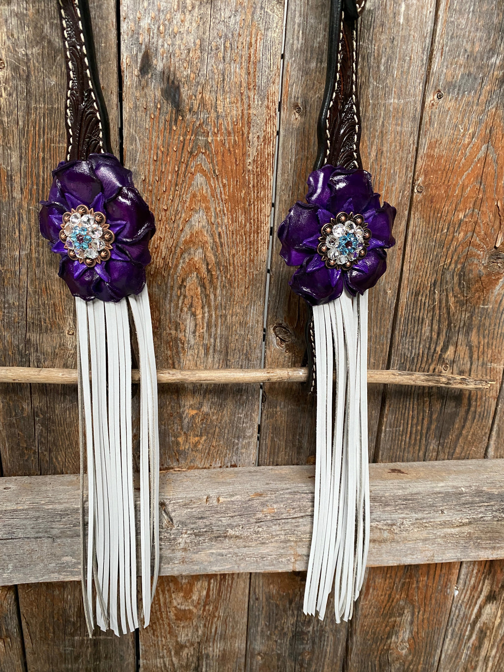 Dark Oil Floral Purple and White Browband / One Ear Tack Set #BBBC456 — view 7