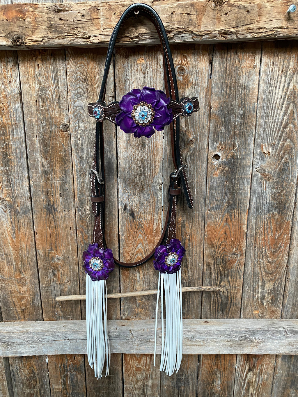 Dark Oil Floral Purple and White Browband / One Ear Tack Set #BBBC456 — view 5