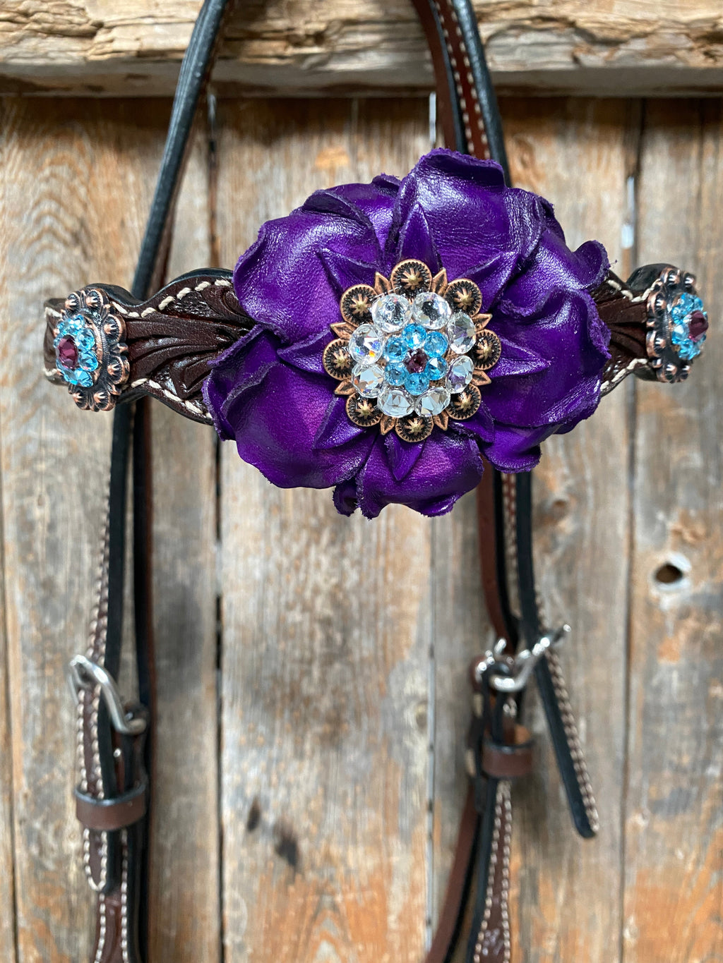 Dark Oil Floral Purple and White Browband / One Ear Tack Set #BBBC456 — view 6