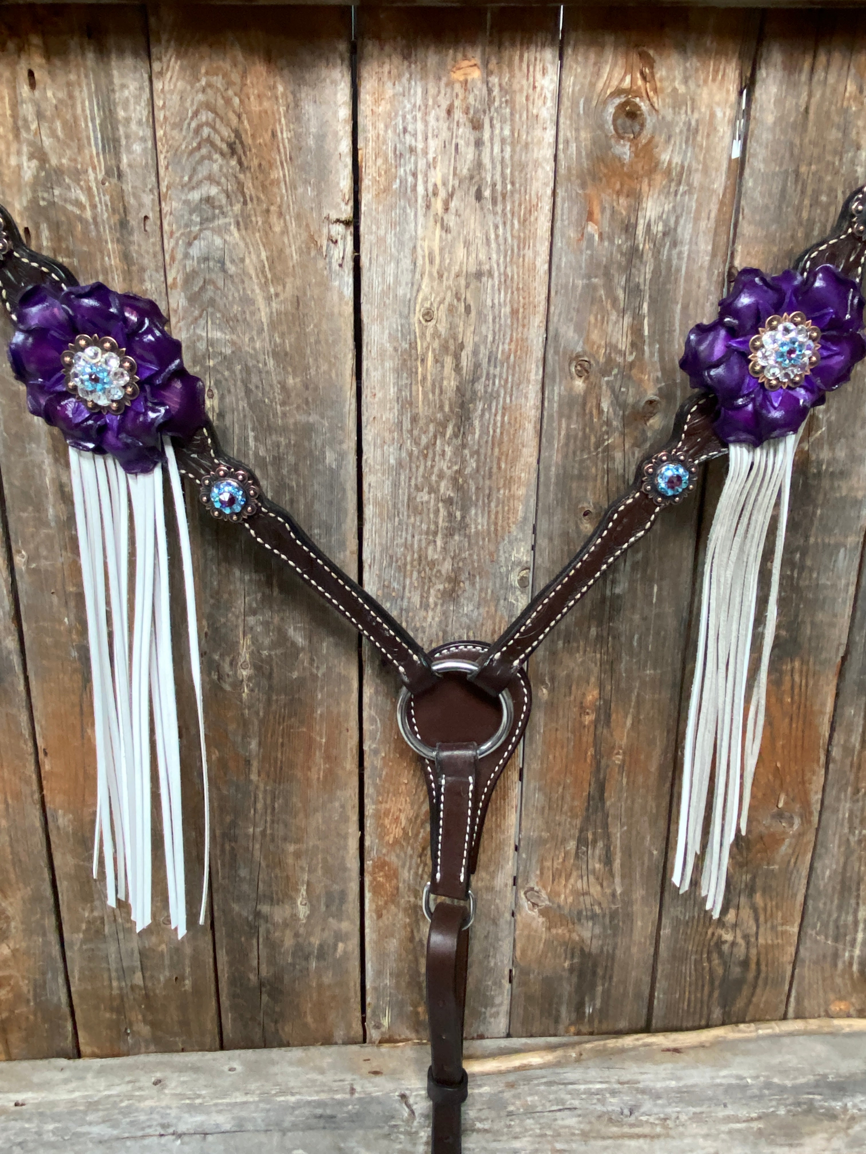 Dark Oil Floral Purple and White Browband / One Ear Tack Set #BBBC456 — view 3