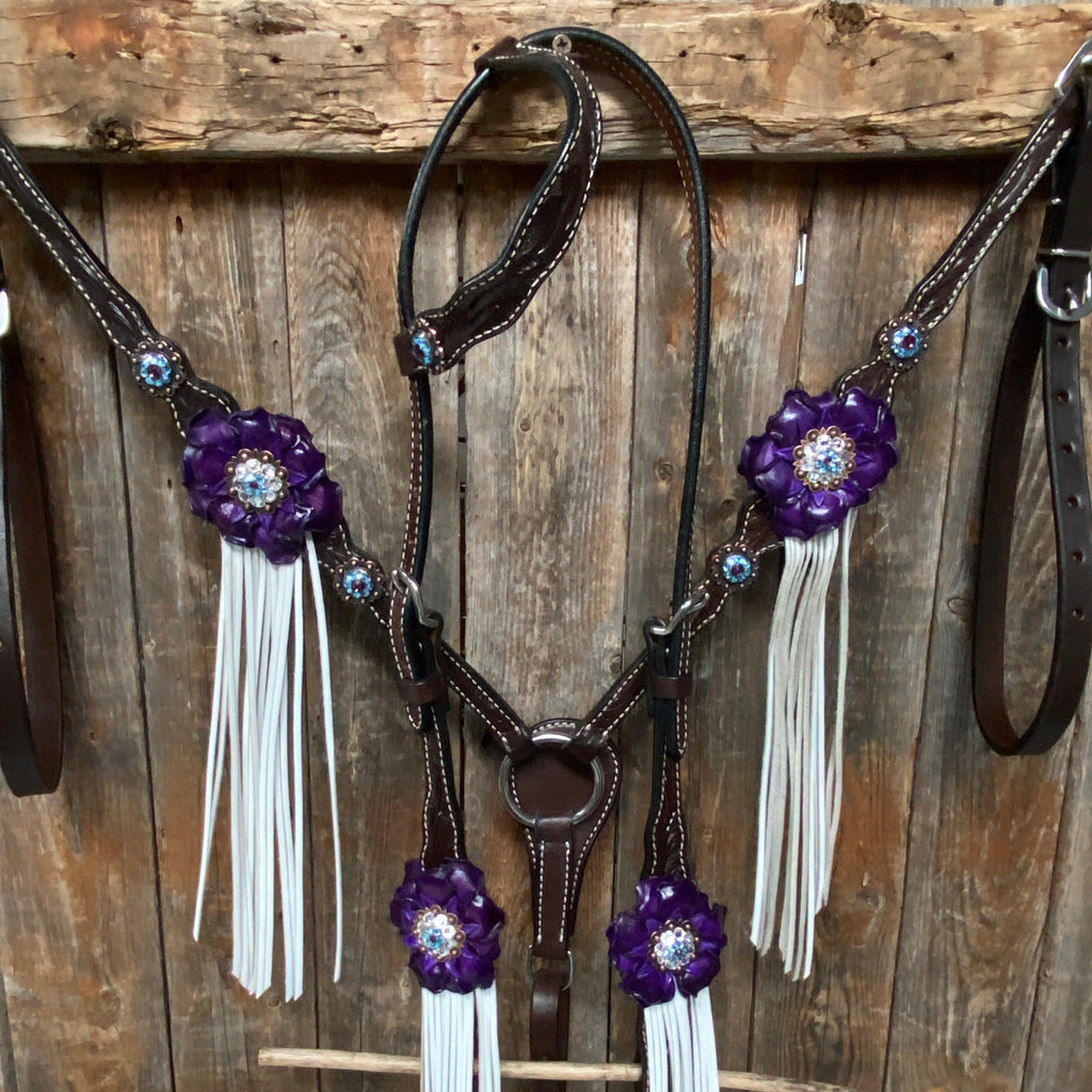 Dark Oil Floral Purple and White Browband / One Ear Tack Set #BBBC456 — view 2