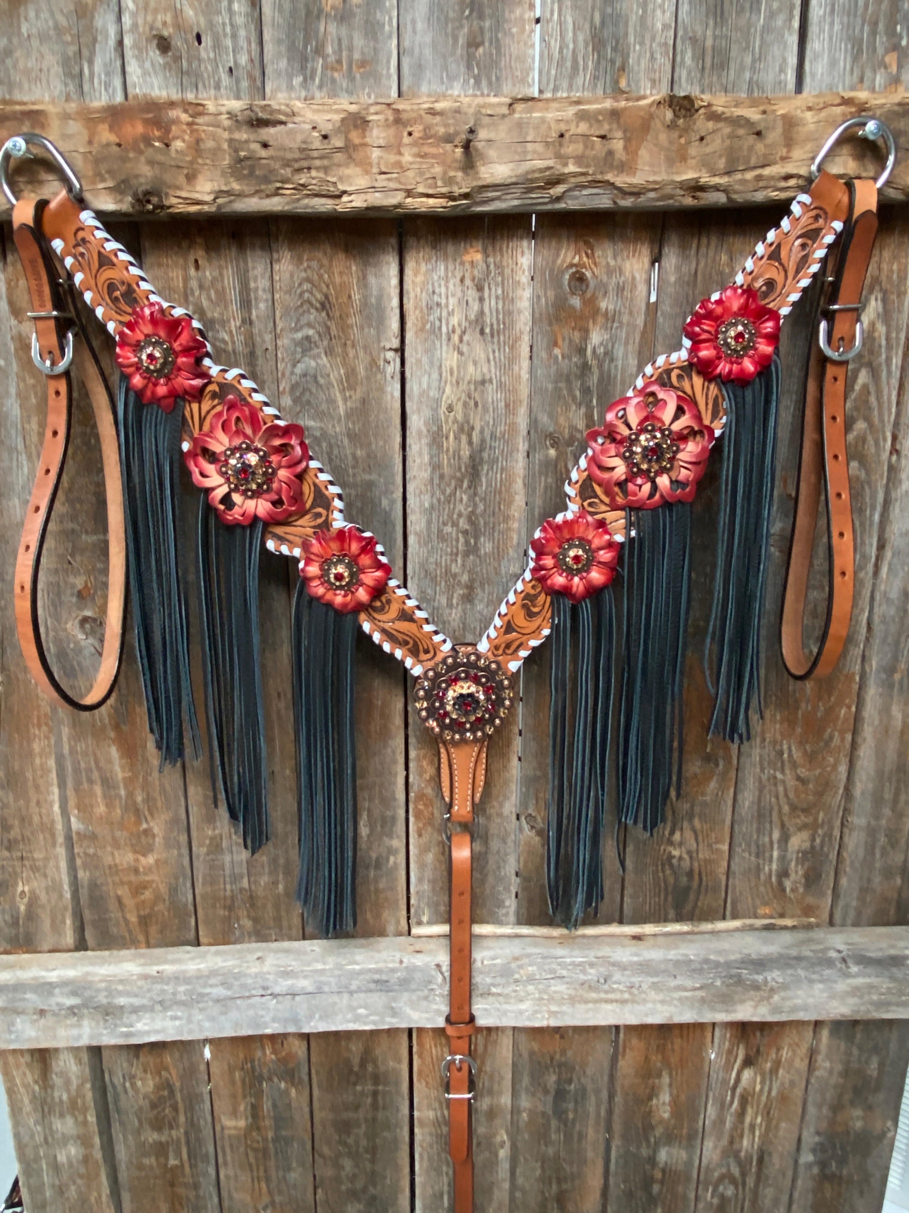 Light Oil Whipstitch Black and Red One Ear & Breastcollar Tack Set #OEBC460 — view 4