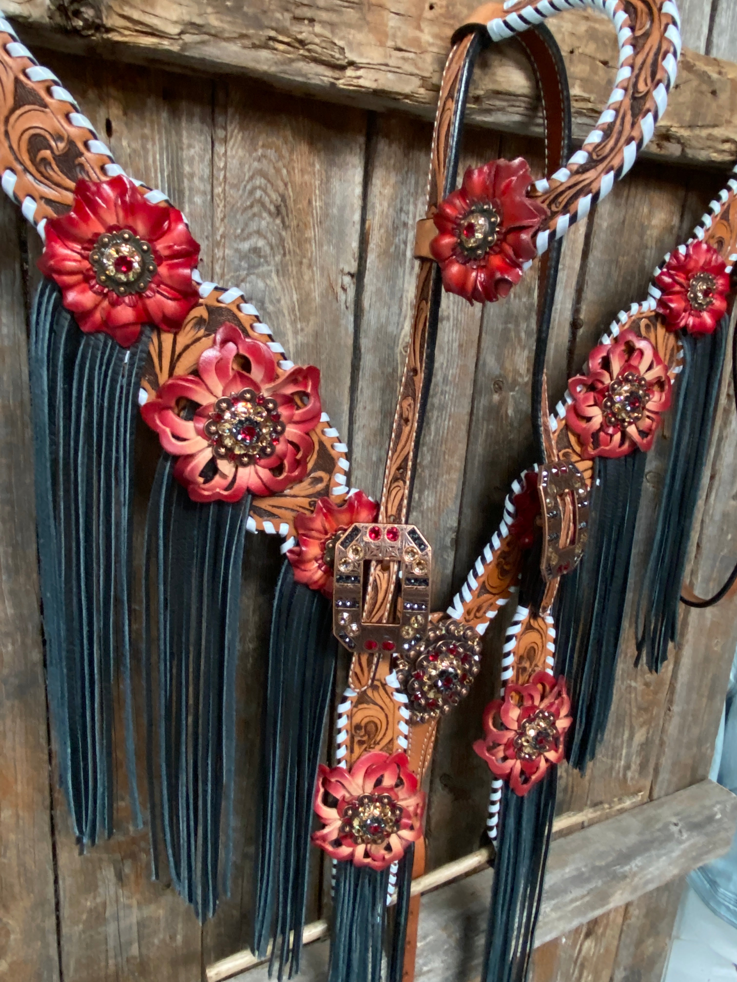 Light Oil Whipstitch Black and Red One Ear & Breastcollar Tack Set #OEBC460 — view 3