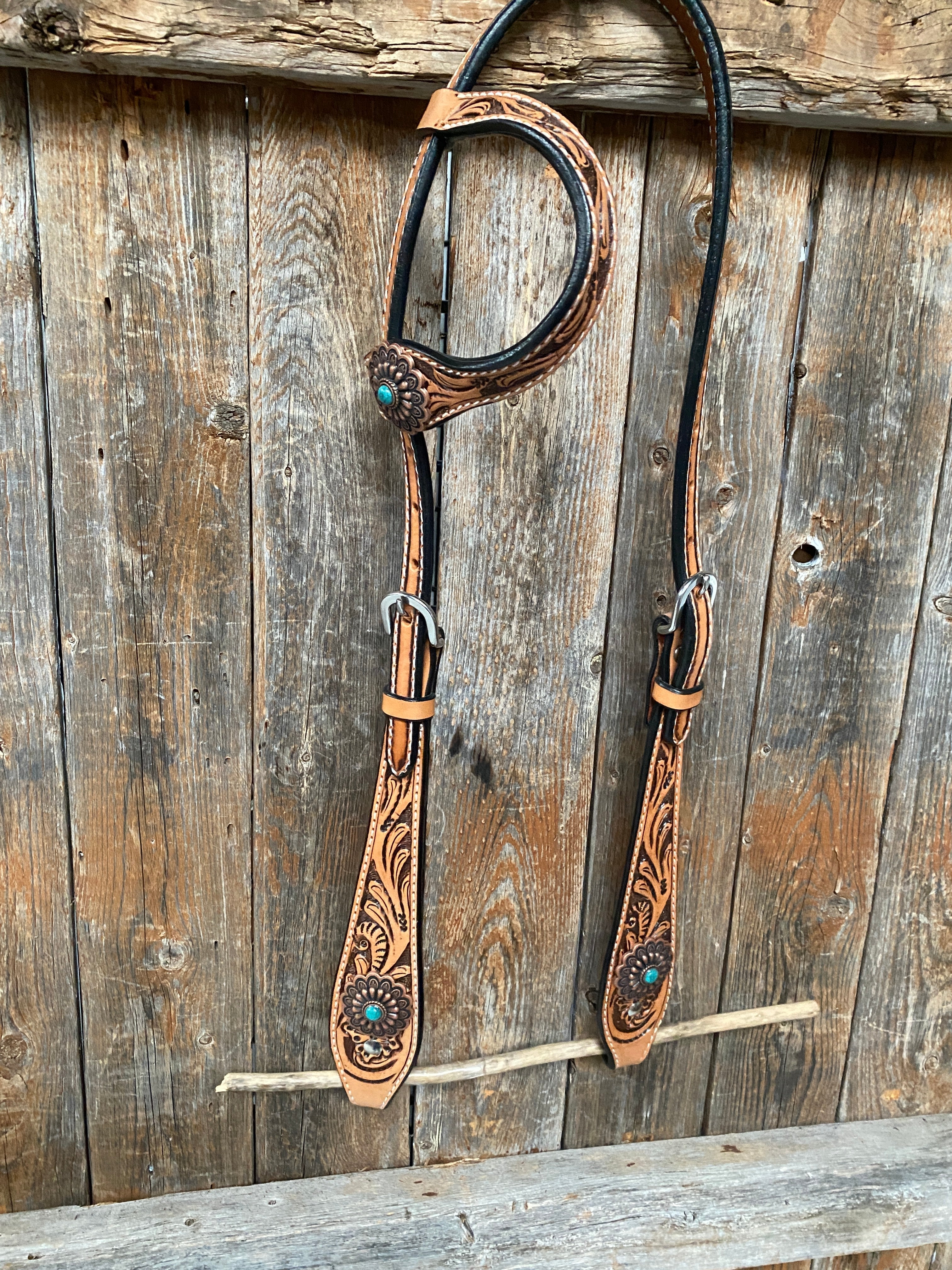 Light Oil Buckaroo Roper Flower Turquoise Browband/One Ear & Breastcollar Tack Set #OEBC459 — view 3