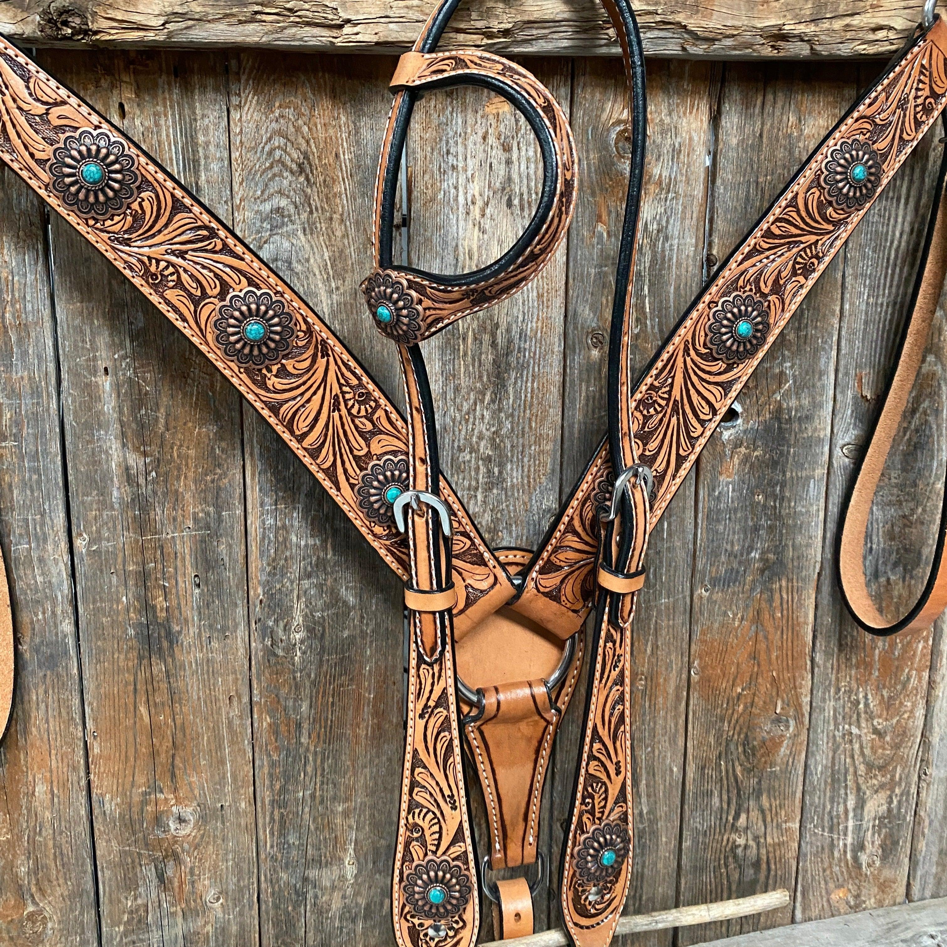 Light Oil Buckaroo Roper Flower Turquoise Browband/One Ear & Breastcollar Tack Set #OEBC459