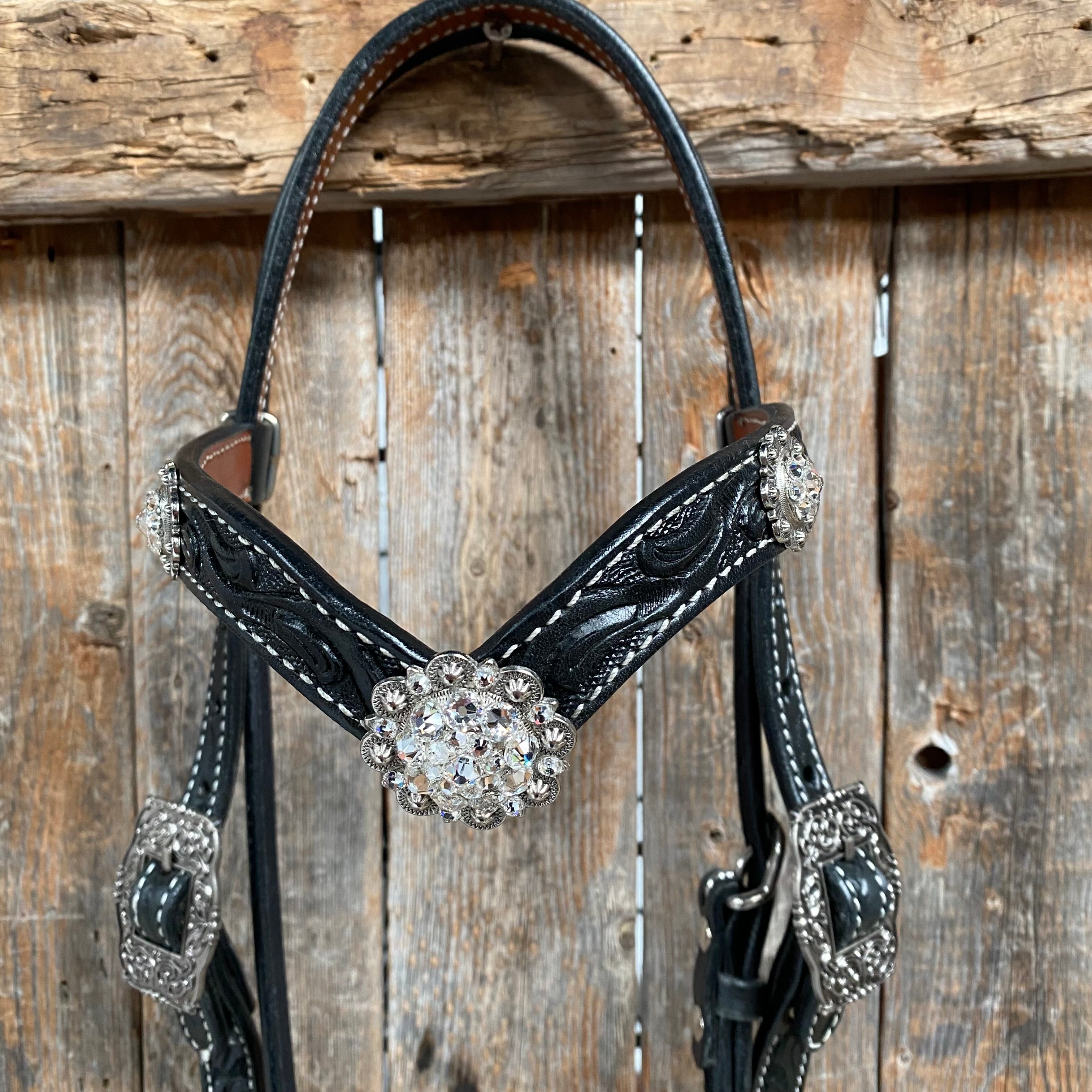 Black Browband Headstall / Bridle & Crystal Conchos #BB205 — view 2