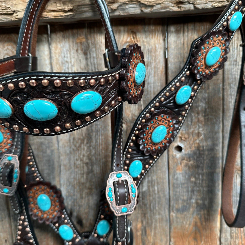 Dark Oil Floral Copper Dot Turquoise Cabochon Browband / Breastcollar Tack Set #BBBC508 — view 4