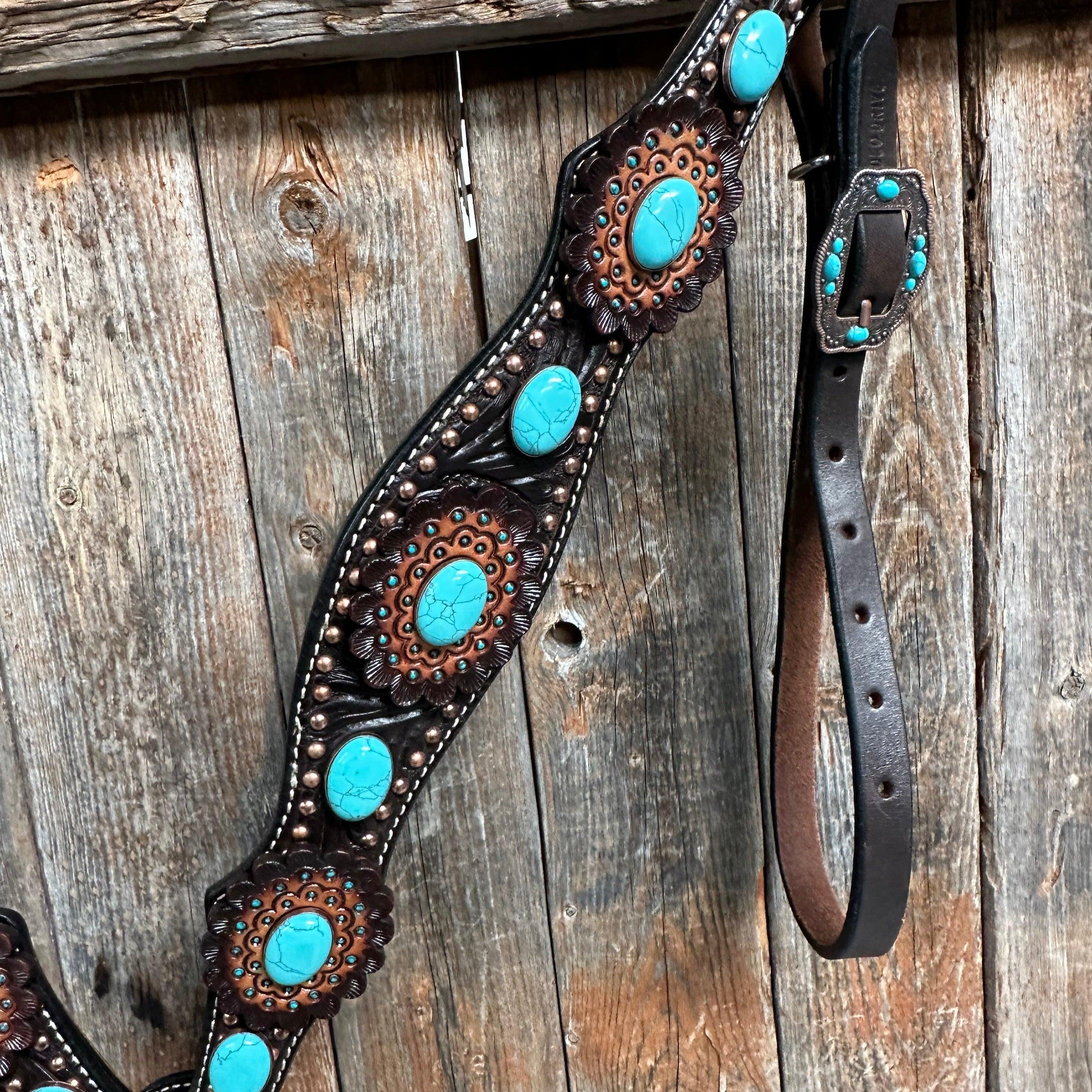 Dark Oil Floral Copper Dot Turquoise Cabochon Browband / Breastcollar Tack Set #BBBC508 — view 9