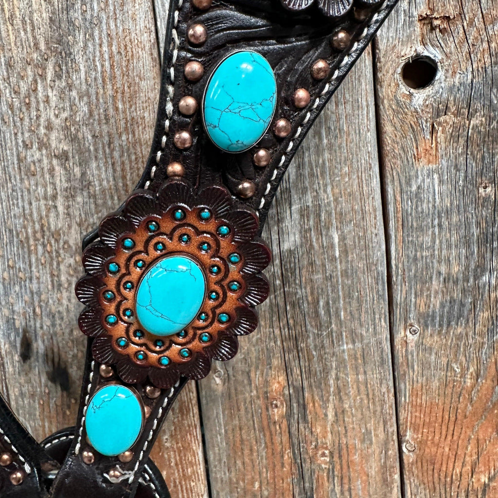 Dark Oil Floral Copper Dot Turquoise Cabochon Browband / Breastcollar Tack Set #BBBC508 — view 10