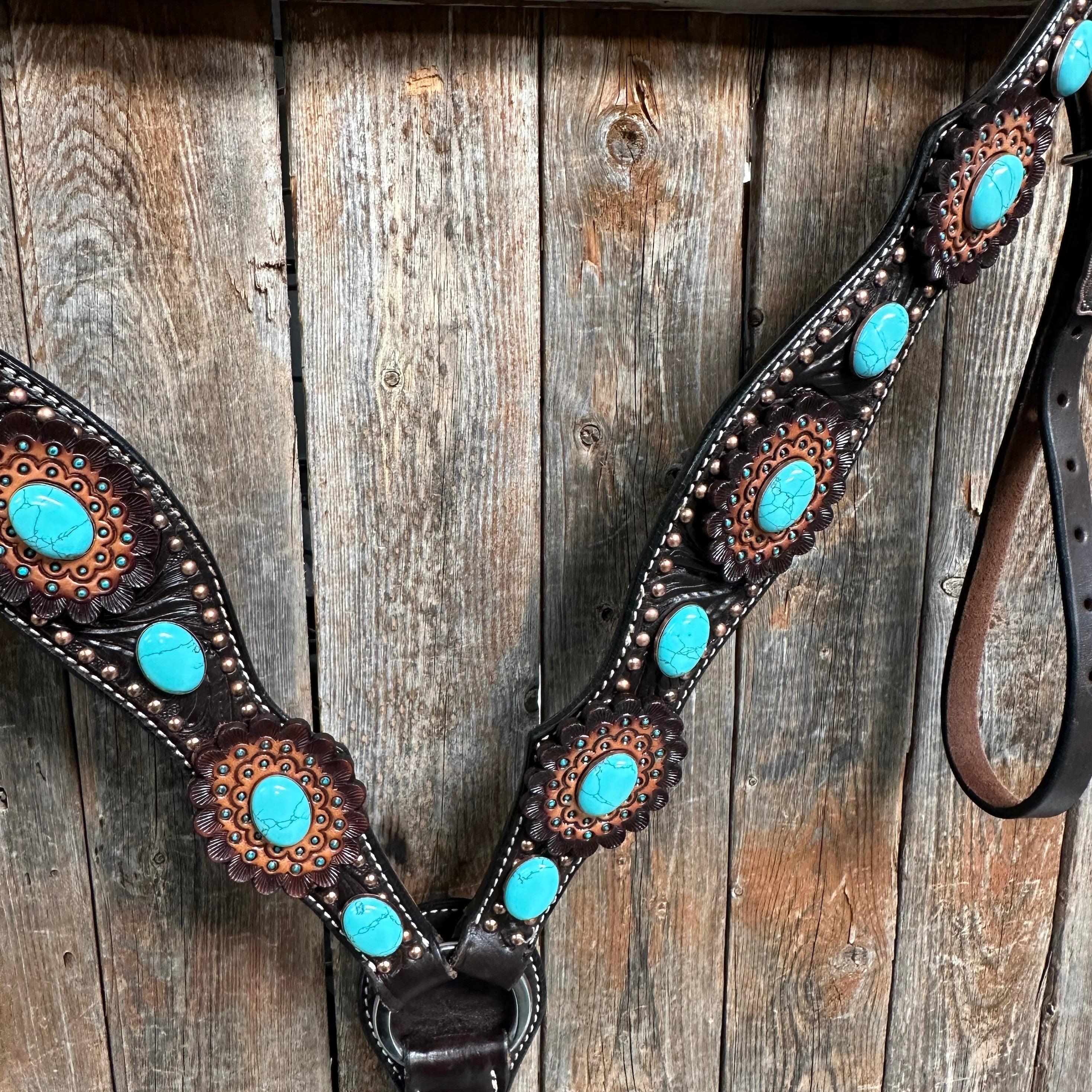 Dark Oil Floral Copper Dot Turquoise Cabochon Browband / Breastcollar Tack Set #BBBC508 — view 11