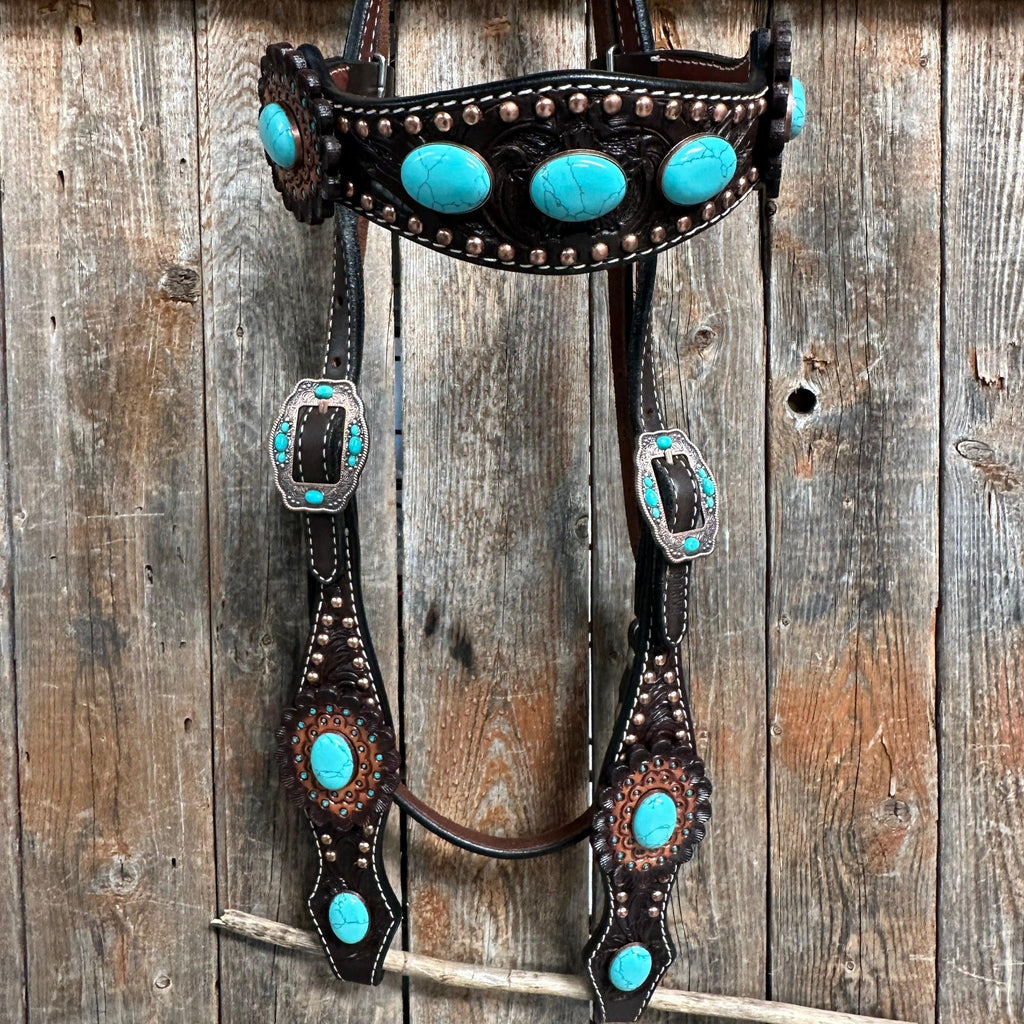 Dark Oil Floral Copper Dot Turquoise Cabochon Browband / Breastcollar Tack Set #BBBC508 — view 5