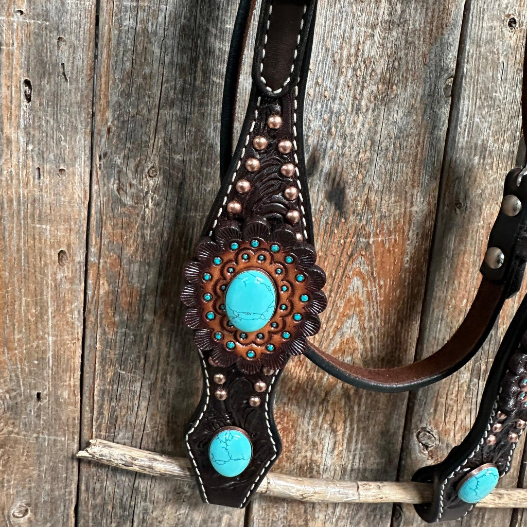 Dark Oil Floral Copper Dot Turquoise Cabochon Browband / Breastcollar Tack Set #BBBC508 — view 8