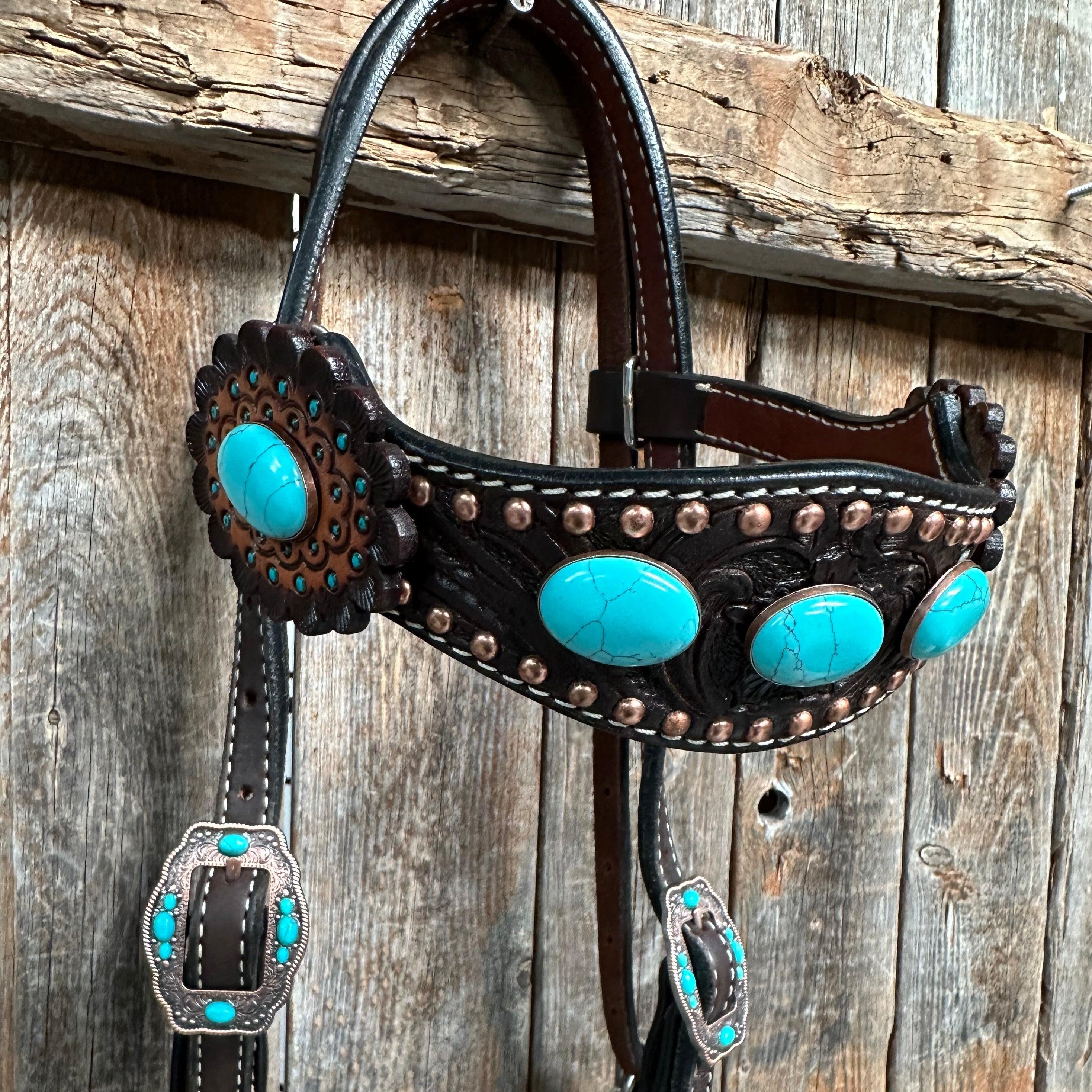 Dark Oil Floral Copper Dot Turquoise Cabochon Browband / Breastcollar Tack Set #BBBC508 — view 6