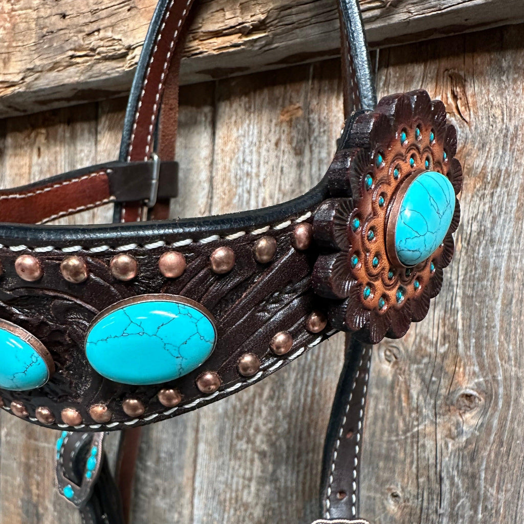 Dark Oil Floral Copper Dot Turquoise Cabochon Browband / Breastcollar Tack Set #BBBC508 — view 7