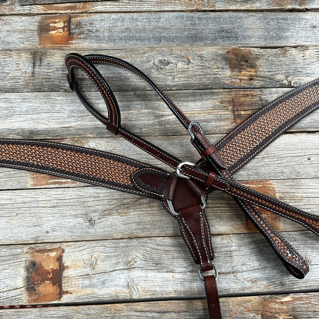 Foxtail Tooled Two Tone Browband / One Ear Breastcollar Tack Sets — view 2