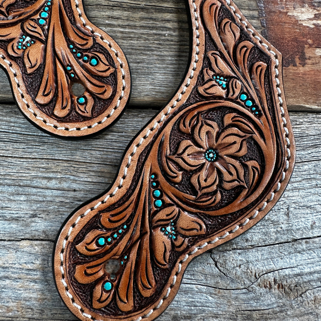 Floral and Teal Dot Tooled Spur Straps — view 2