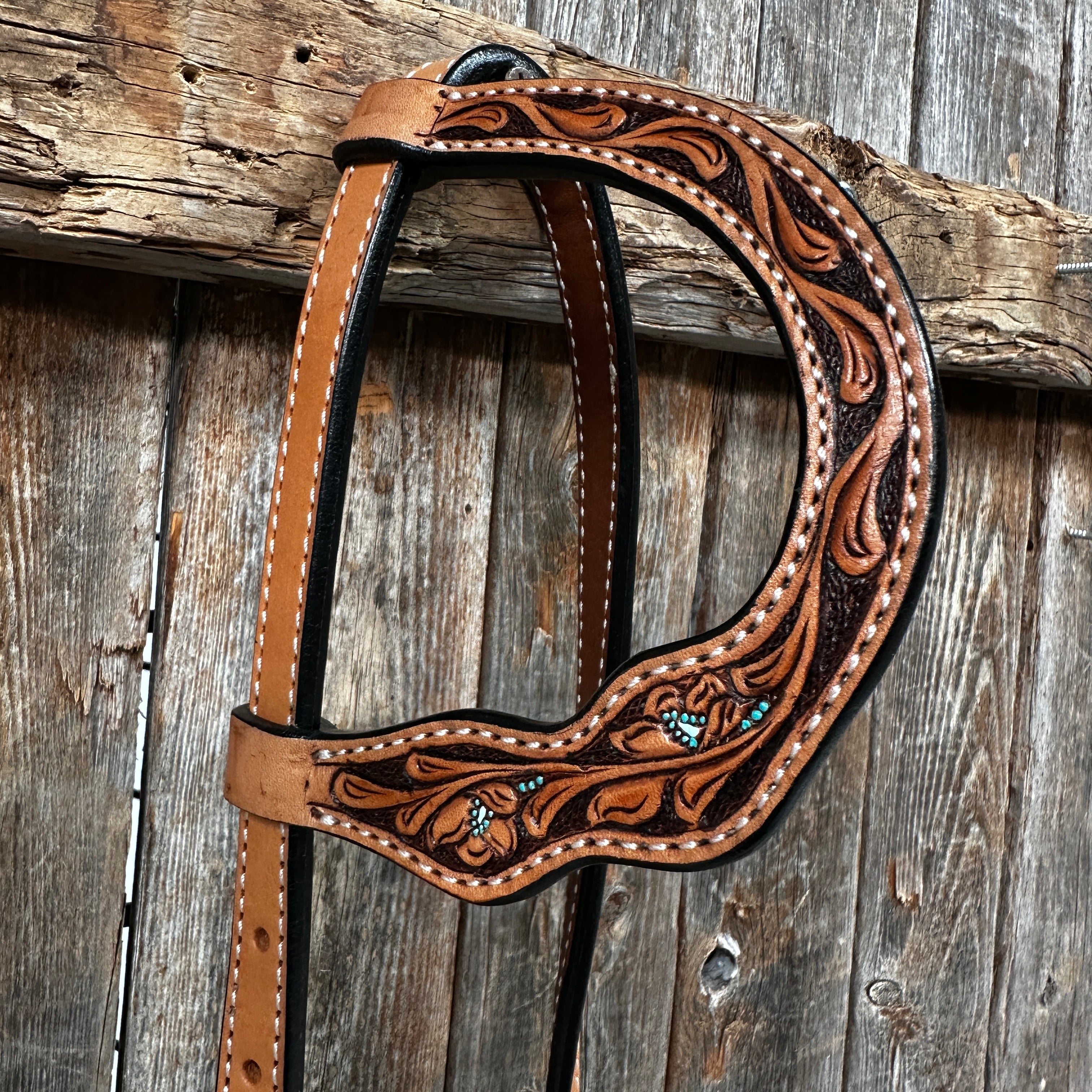 Light Oil Floral and Teal Dot One Ear Headstall / Bridle #24338L — view 2