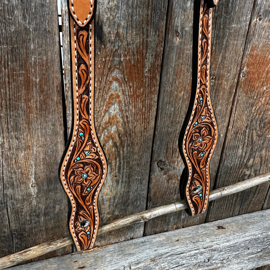 Light Oil Floral and Teal Dot Browband / One Ear Headstall and Breastcollar Tack Sets — view 6