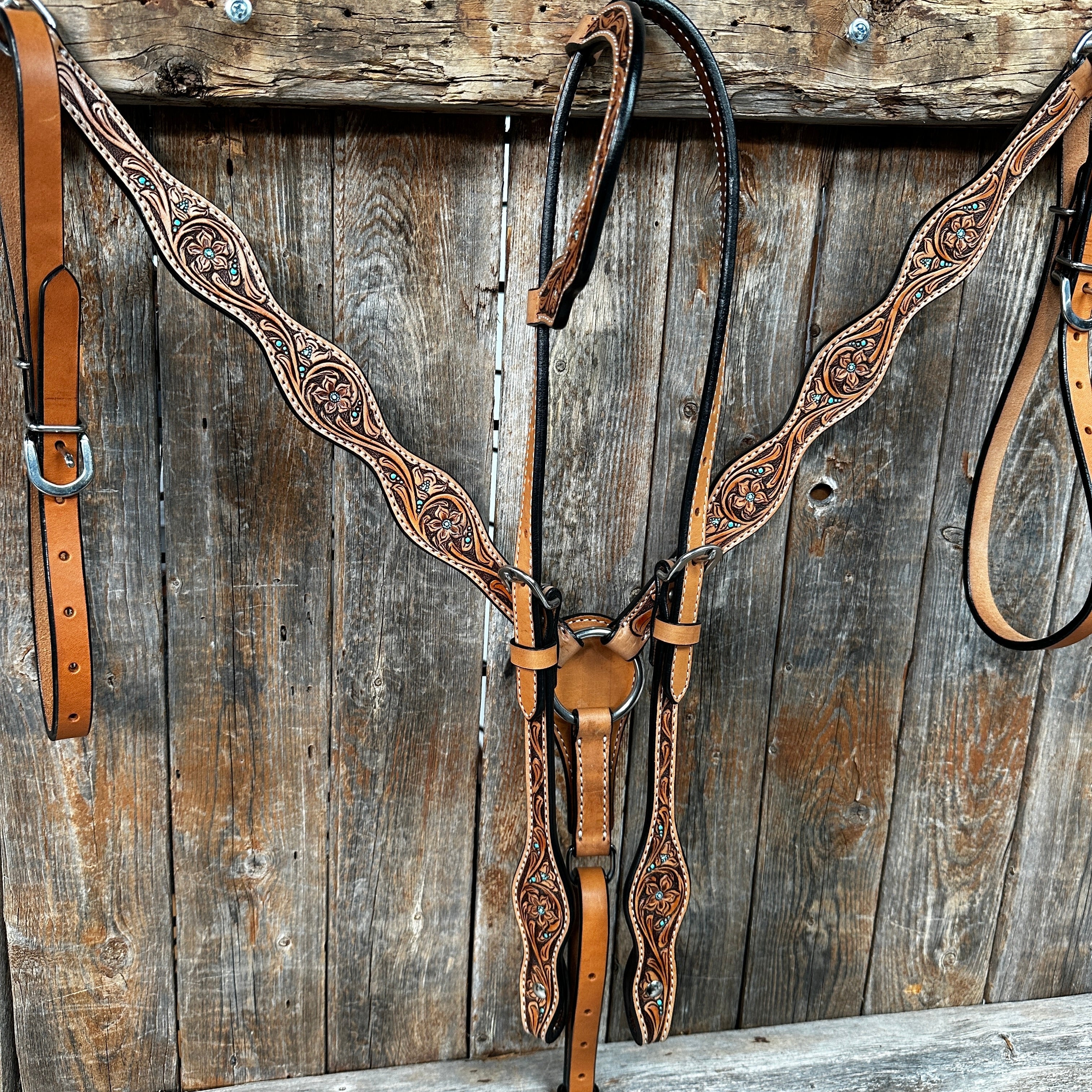 Light Oil Floral and Teal Dot Browband / One Ear Headstall and Breastcollar Tack Sets — view 2
