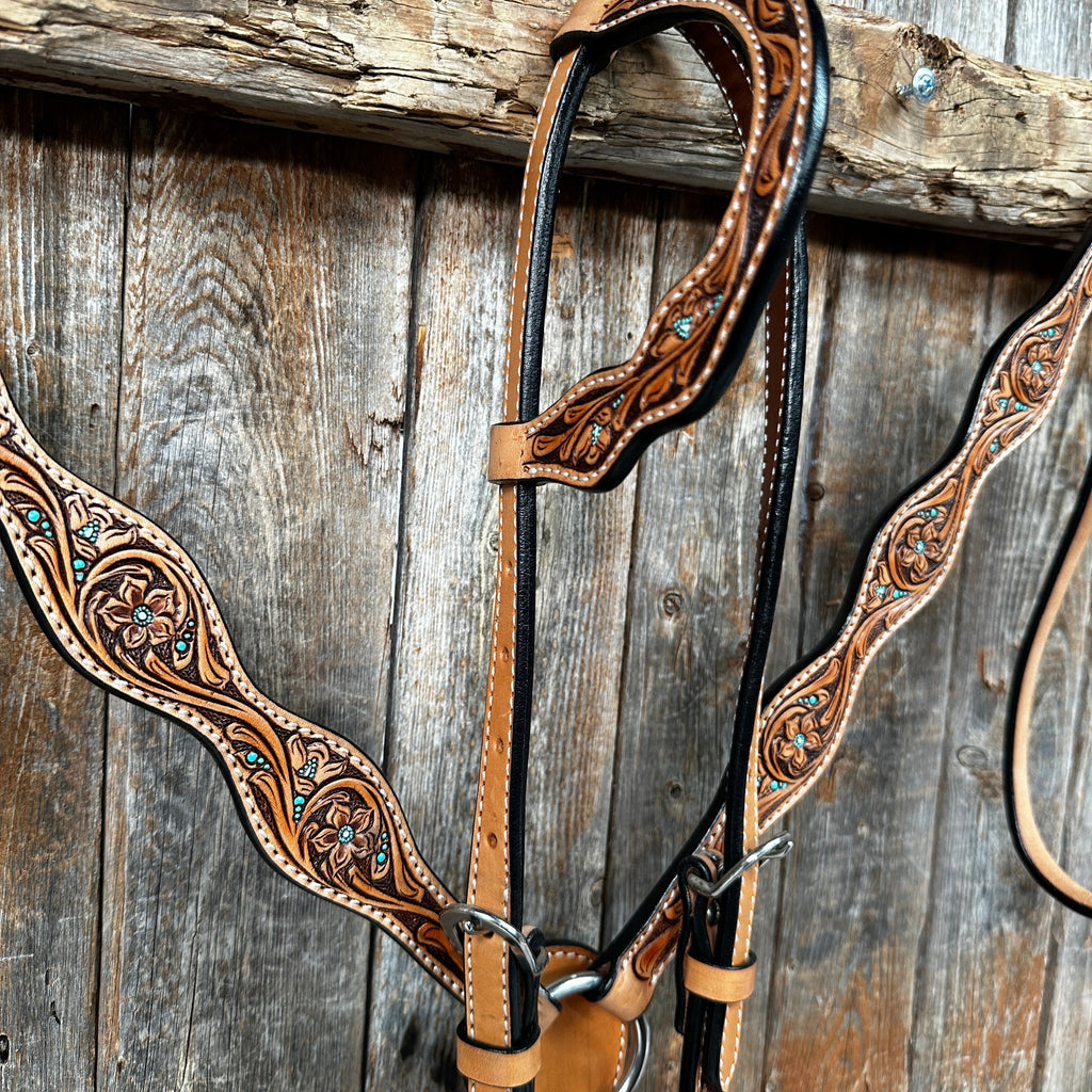 Light Oil Floral and Teal Dot Browband / One Ear Headstall and Breastcollar Tack Sets — view 4