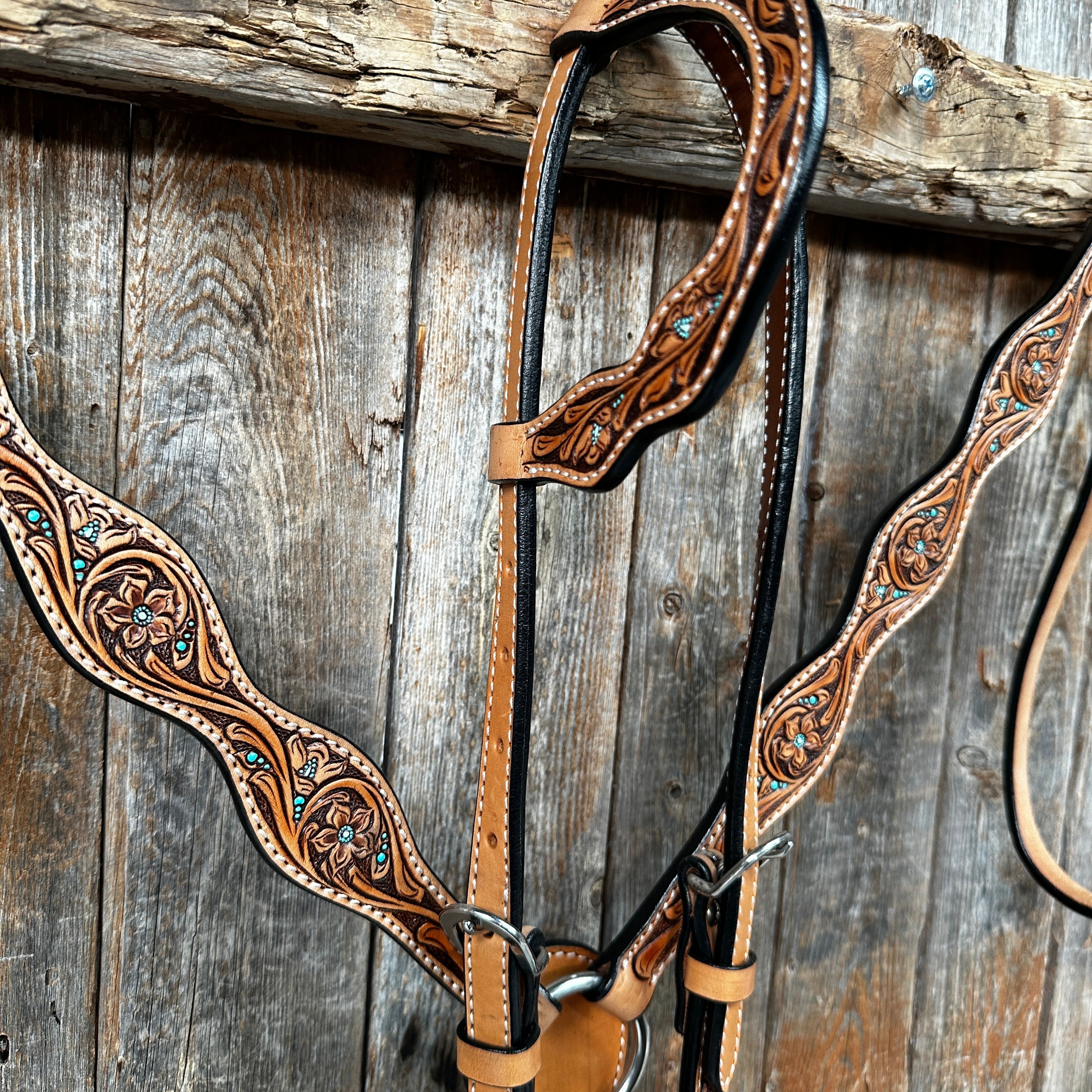 Light Oil Floral and Teal Dot Browband / One Ear Headstall and Breastcollar Tack Sets — view 4