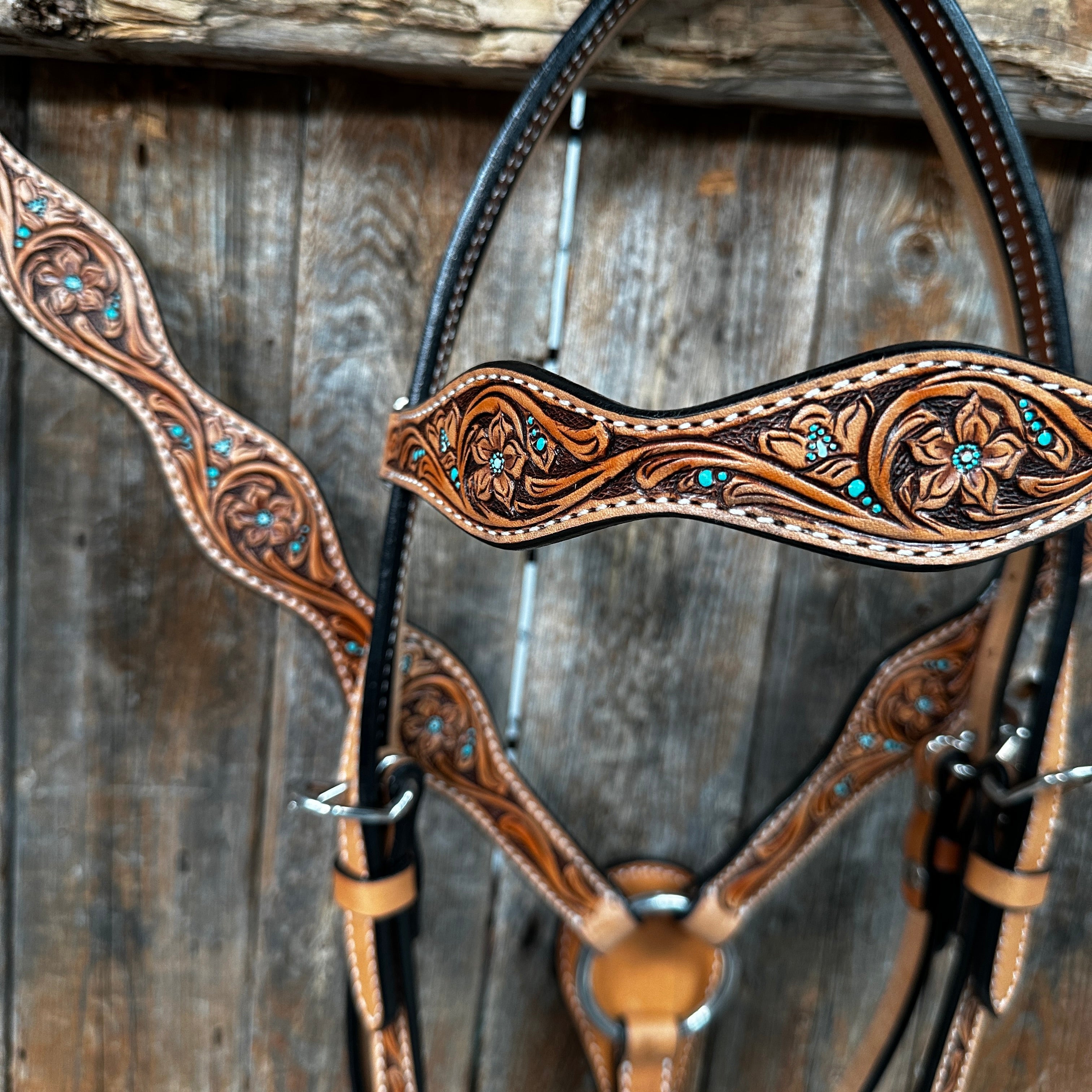 Light Oil Floral and Teal Dot Browband / One Ear Headstall and Breastcollar Tack Sets — view 3