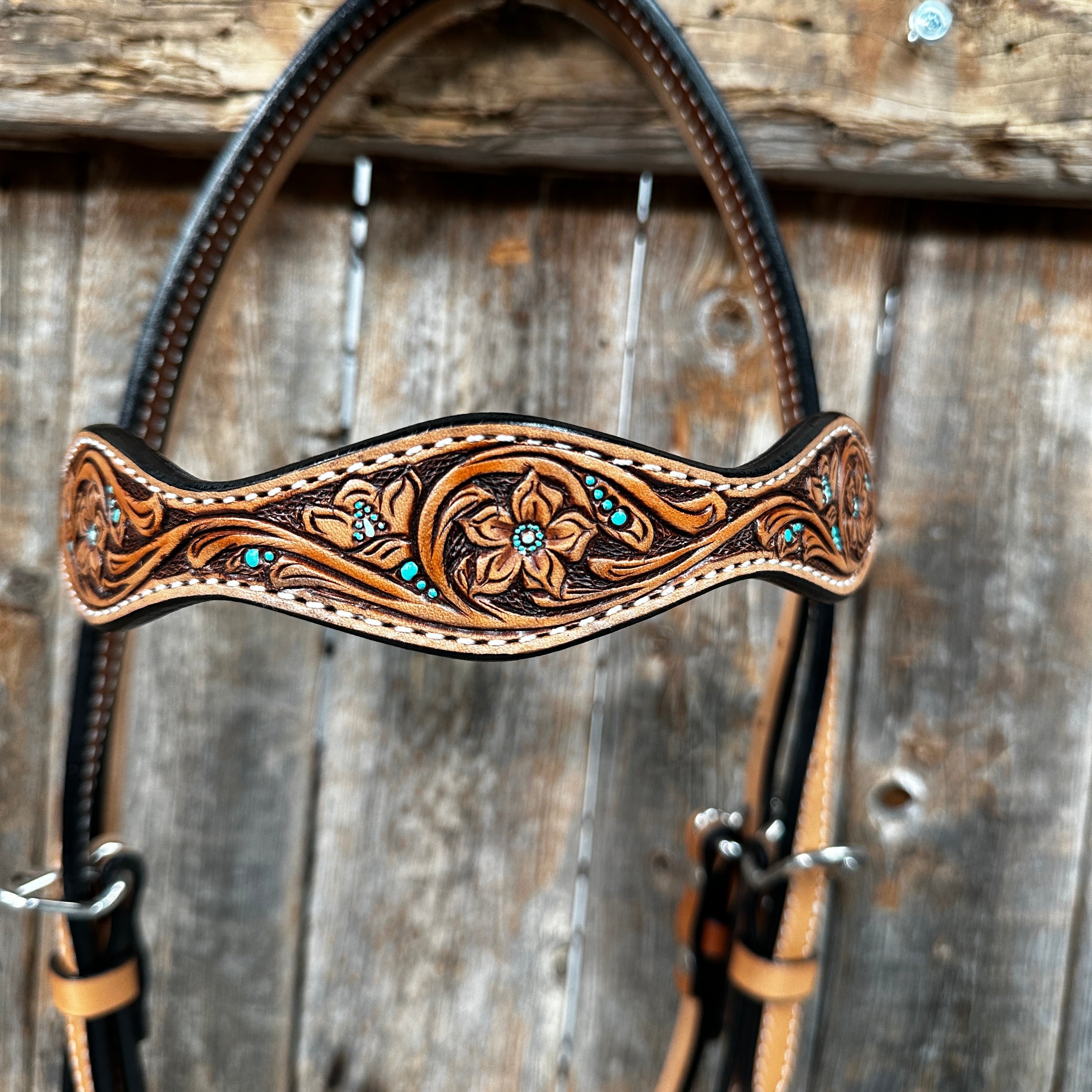 Light Oil Floral and Teal Dot Browband Headstall / Bridle #24337L — view 2