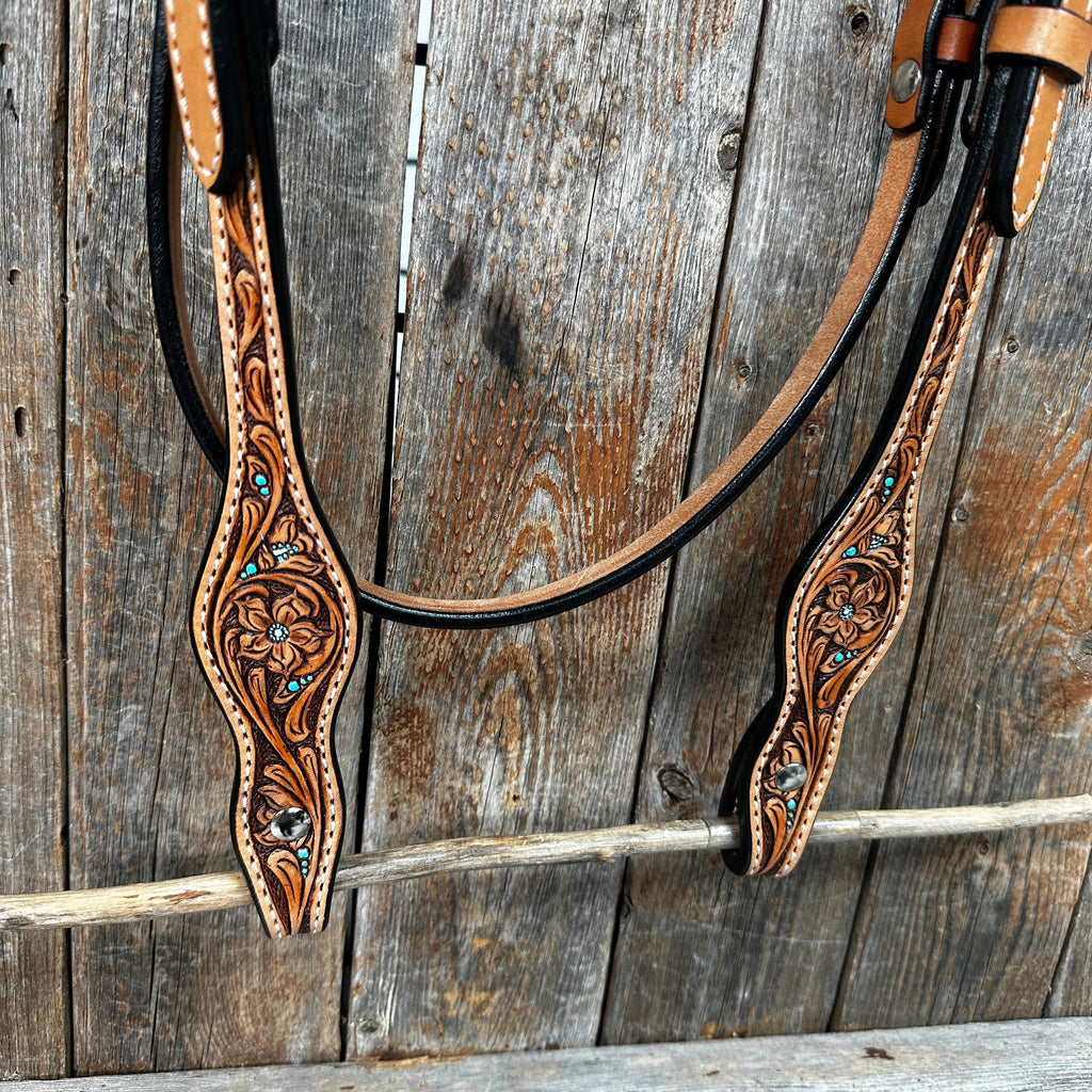 Light Oil Floral and Teal Dot Browband Headstall / Bridle #24337L — view 3