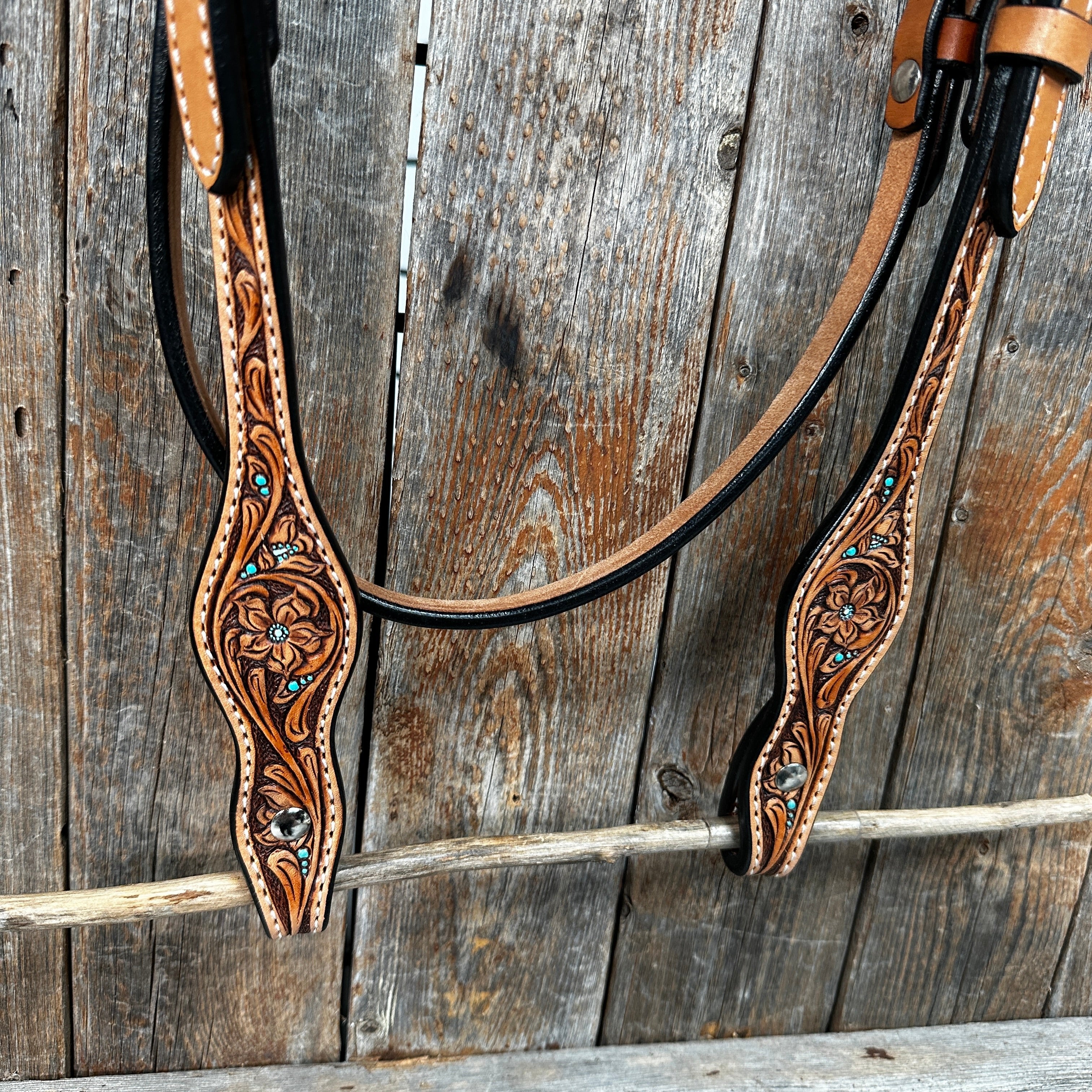 Light Oil Floral and Teal Dot Browband Headstall / Bridle #24337L — view 3