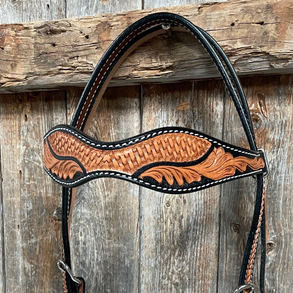 Basketweave - Leaf Scalloped Two Tone Browband Headstall/Bridle #23078 — view 2