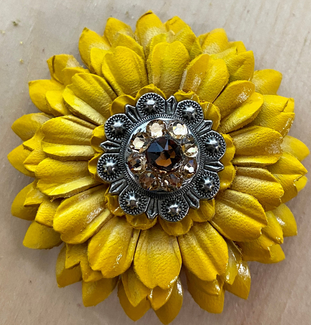 Yellow Daisy Leather Flowers - 1" Crystal Conchos - Options — view 4