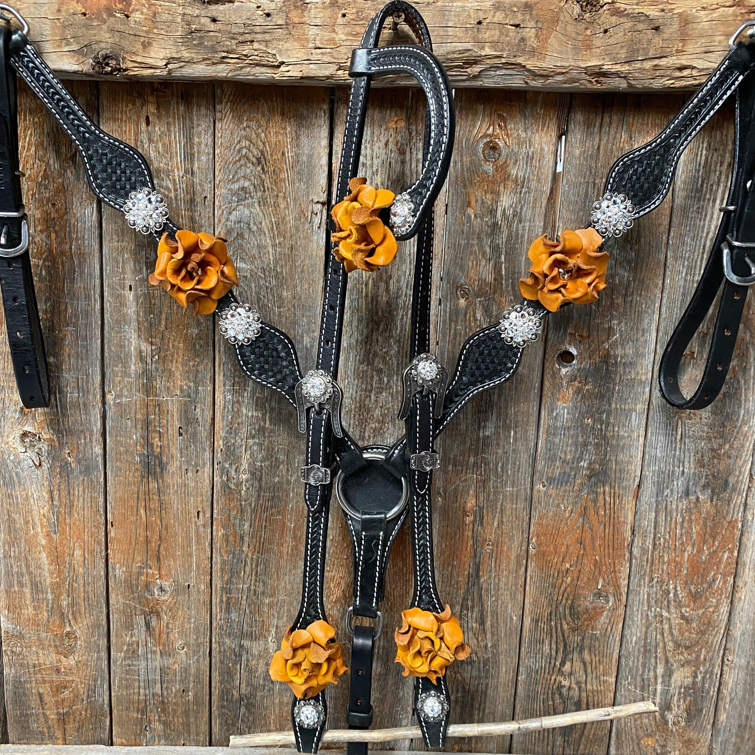 Black Basketweave Yellow and Clear Browband / One Ear Tack Set #BBBC442 — view 2