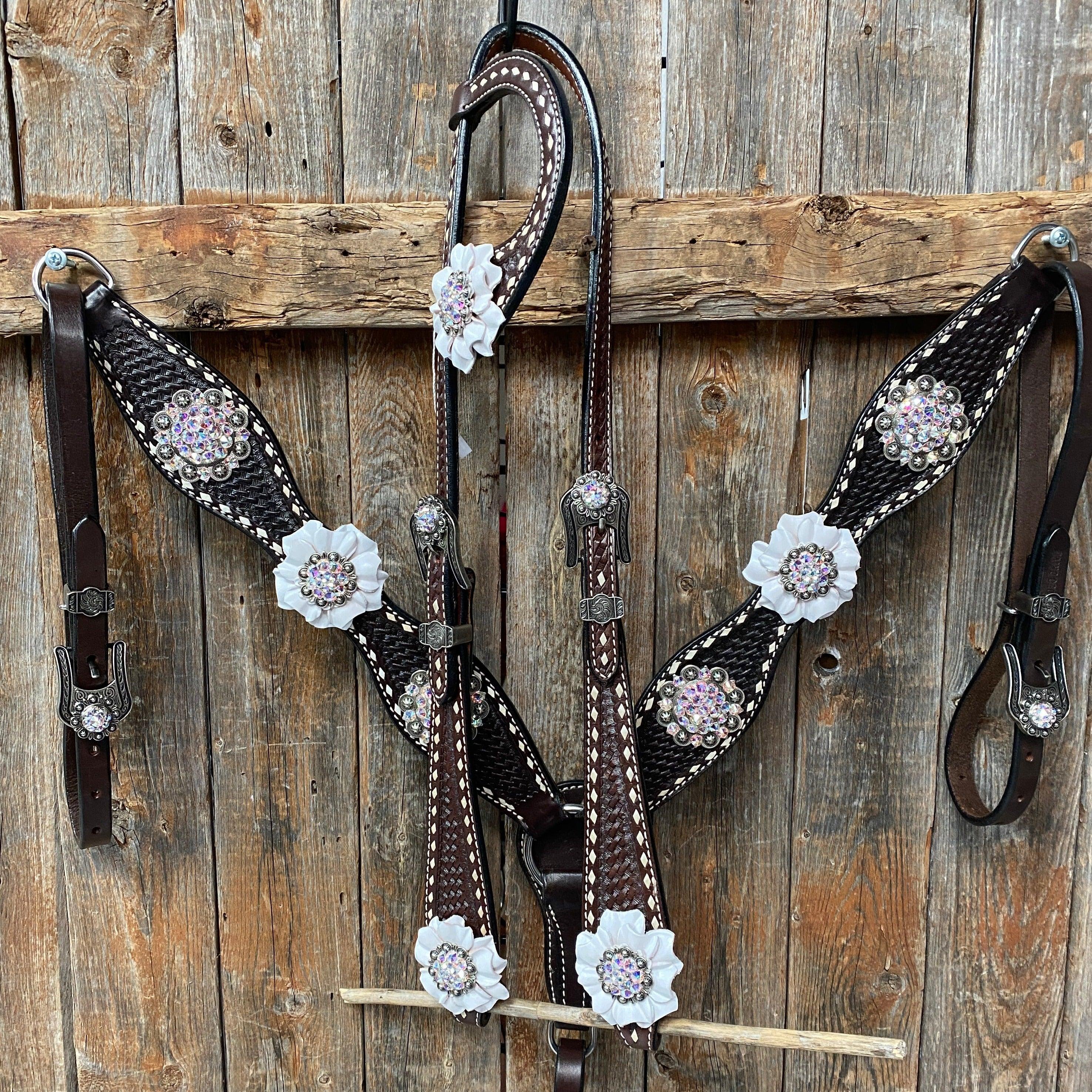 Dark Oil Buckstitch White Floral One Ear & Breastcollar Tack Set #OEBC444