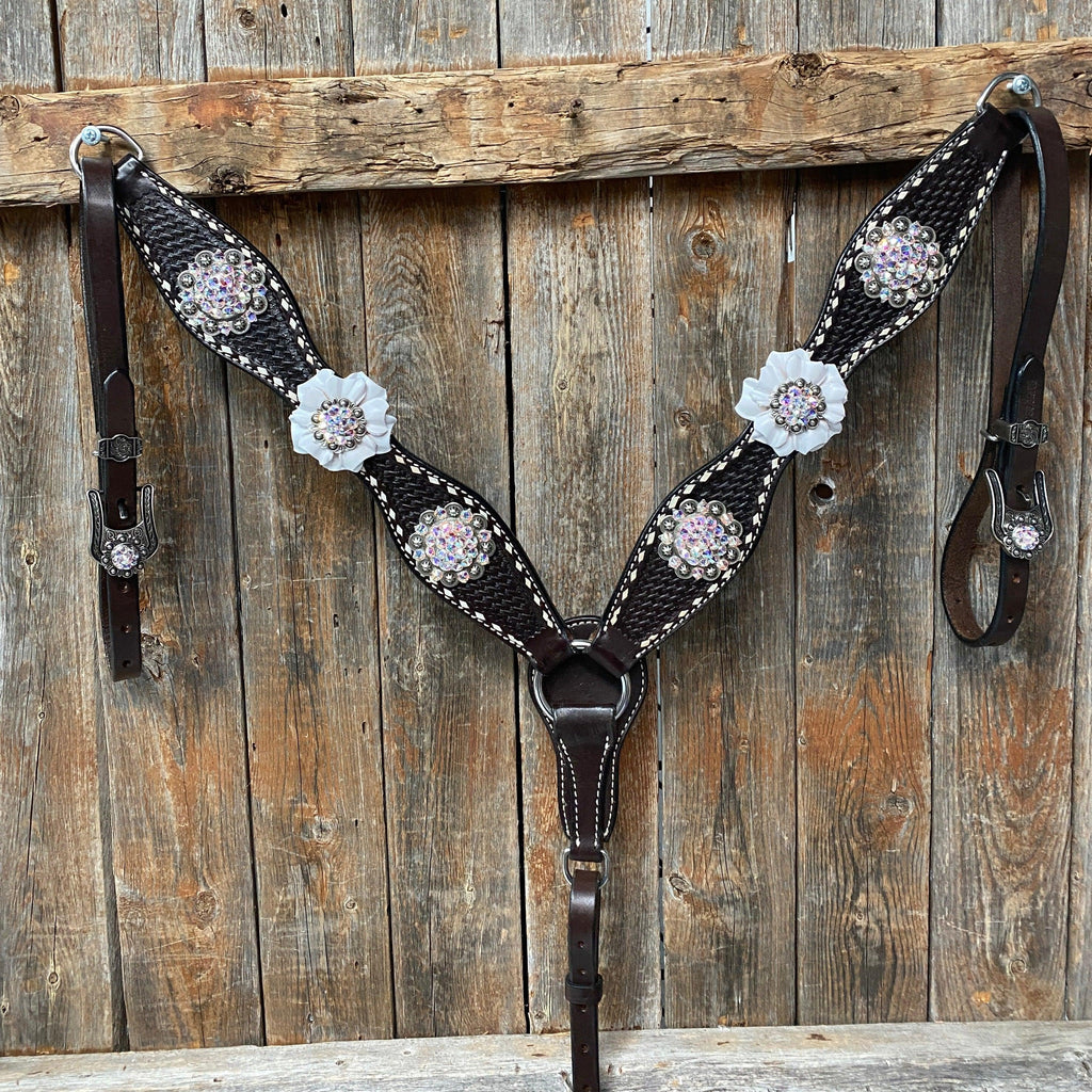 Dark Oil Buckstitch White Floral One Ear & Breastcollar Tack Set #OEBC444 — view 2