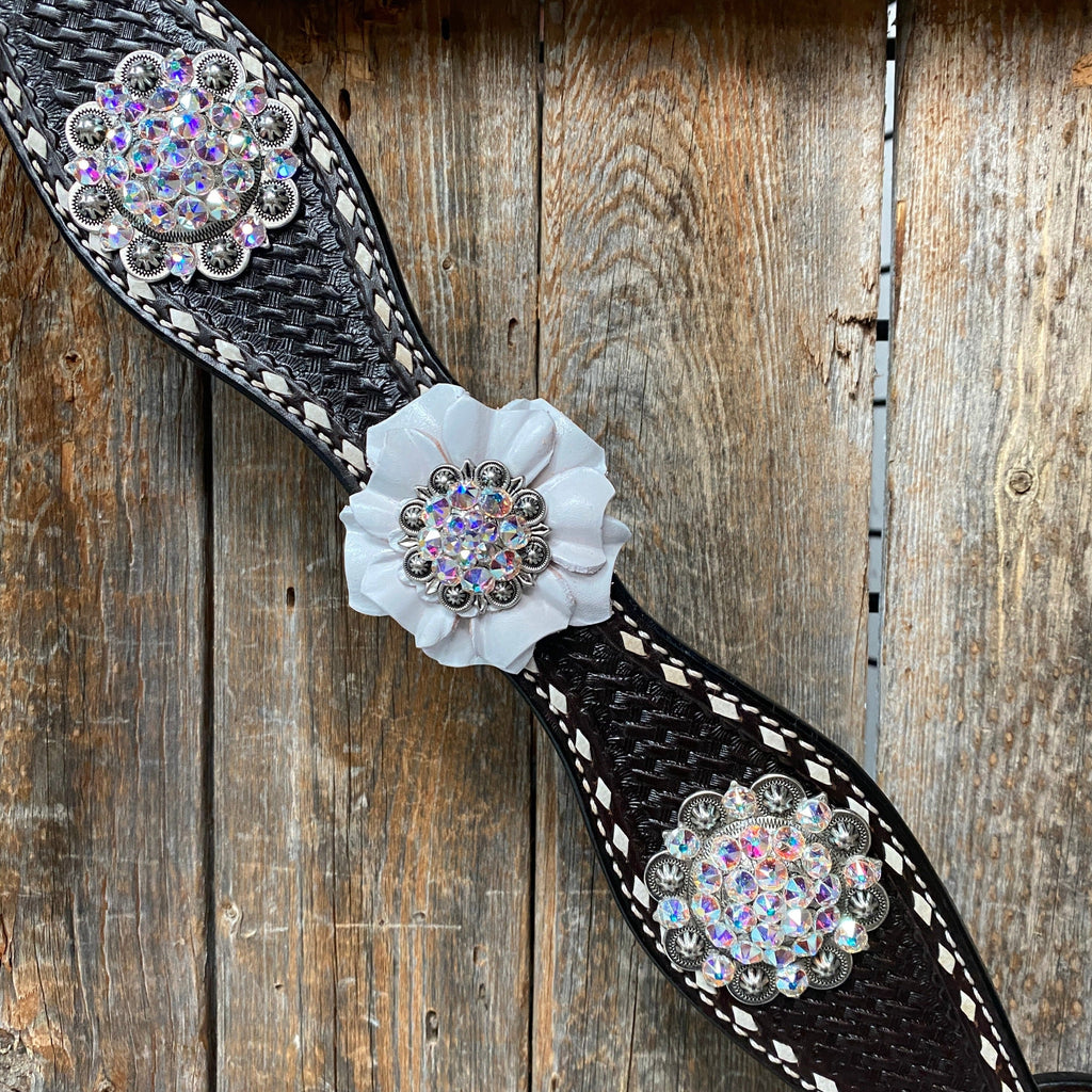 Dark Oil Buckstitch White Floral One Ear & Breastcollar Tack Set #OEBC444 — view 3