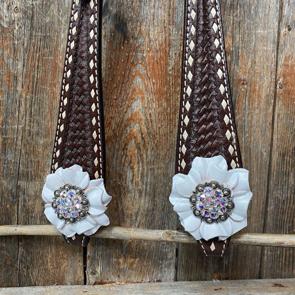 Dark Oil Buckstitch White Floral One Ear & Breastcollar Tack Set #OEBC444 — view 6