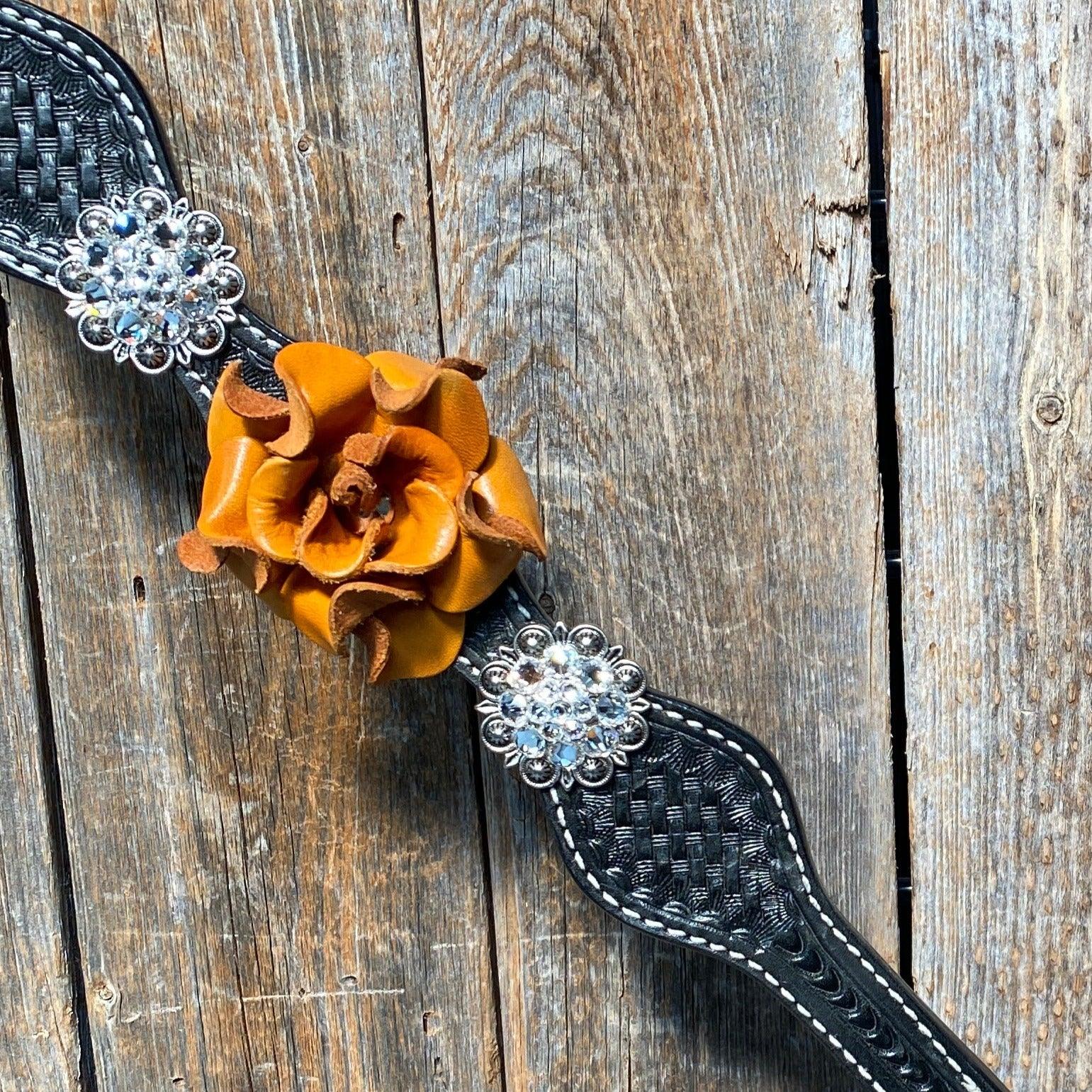 Black Basketweave Yellow and Clear Browband / One Ear Tack Set #BBBC442 — view 8